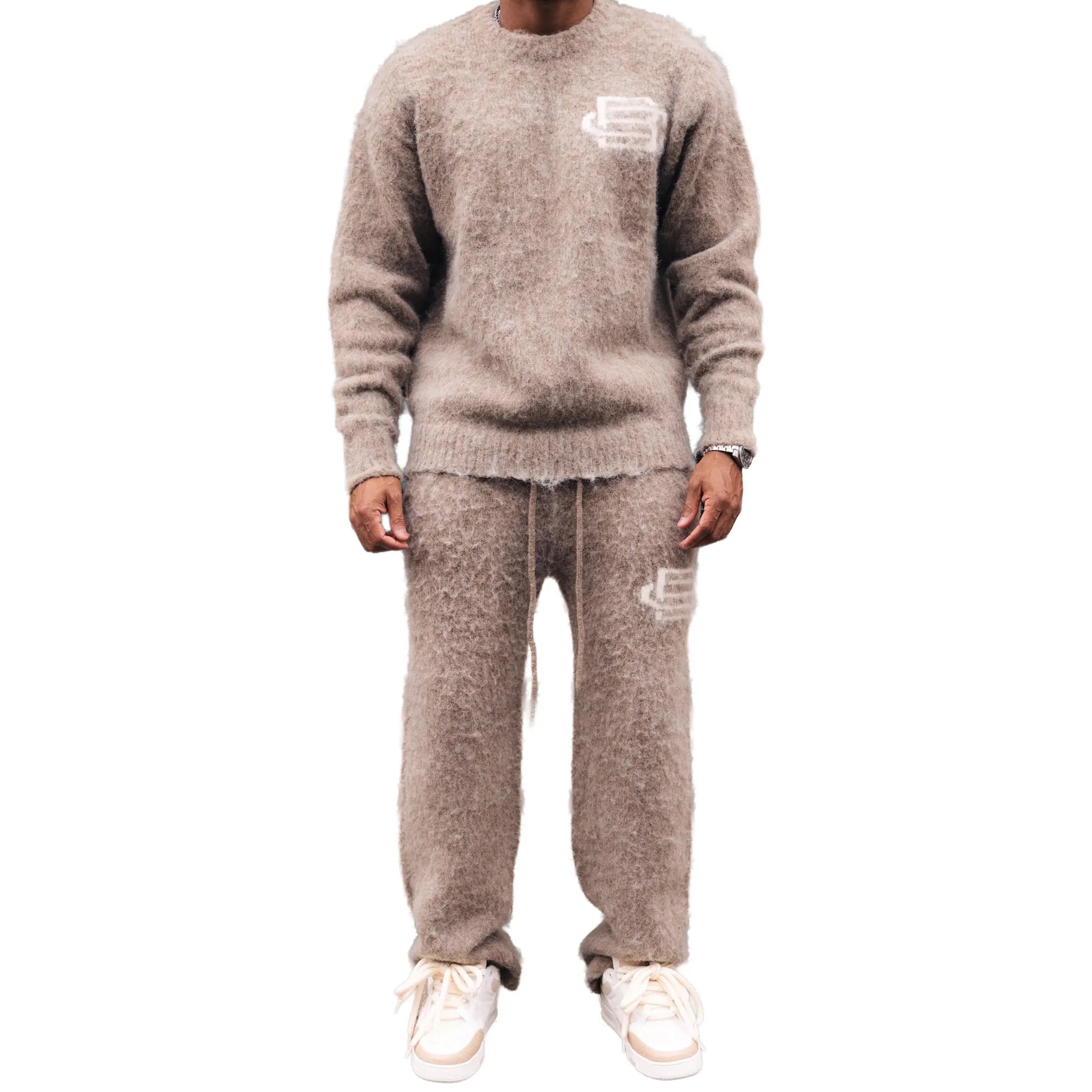 Front View of Bénir Clothing Mohair Knit BC Taupe Sweatpants MOJOGTAP