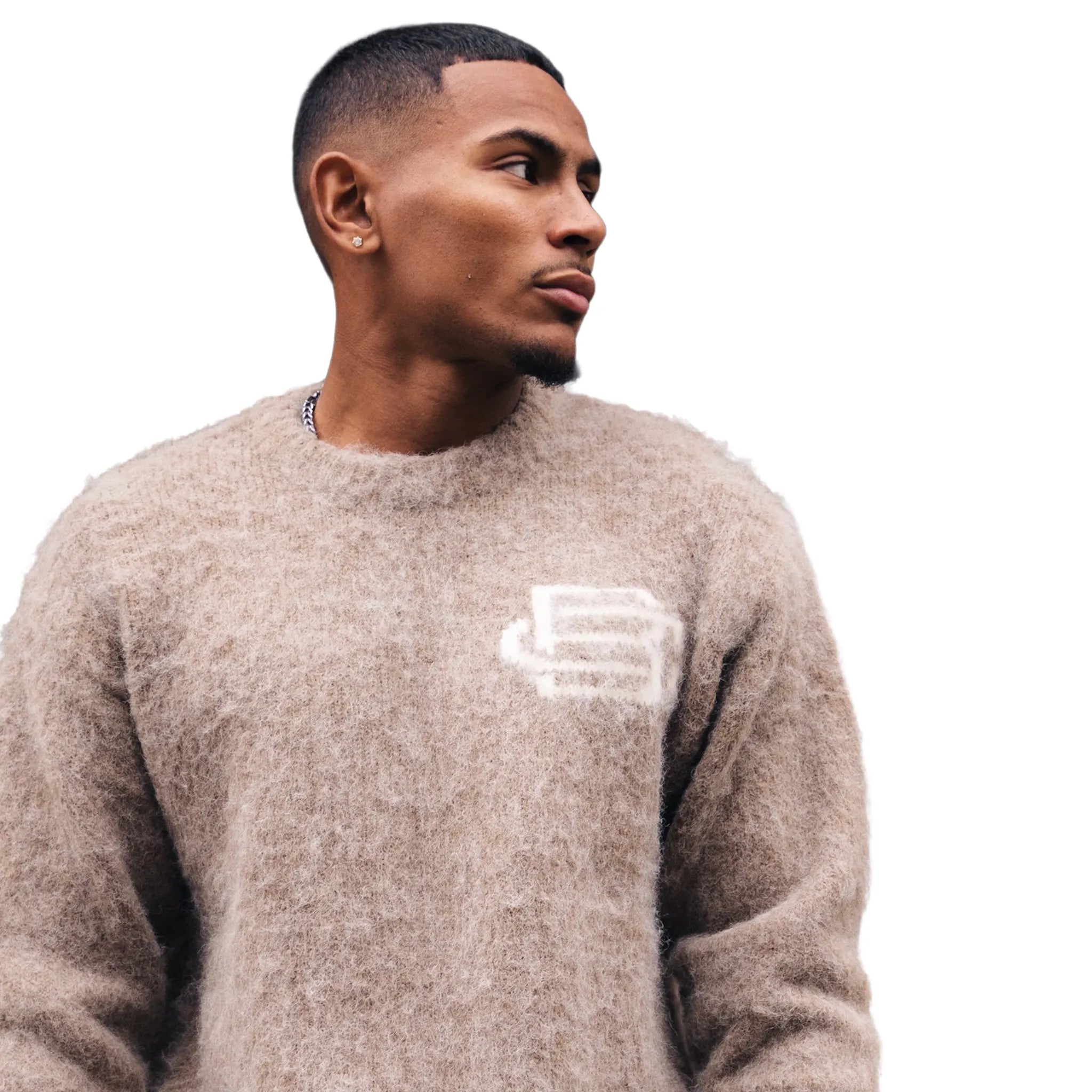 Detailed Front View of Bénir Clothing Mohair Knit BC Taupe Sweatshirt MOJUMPTAP