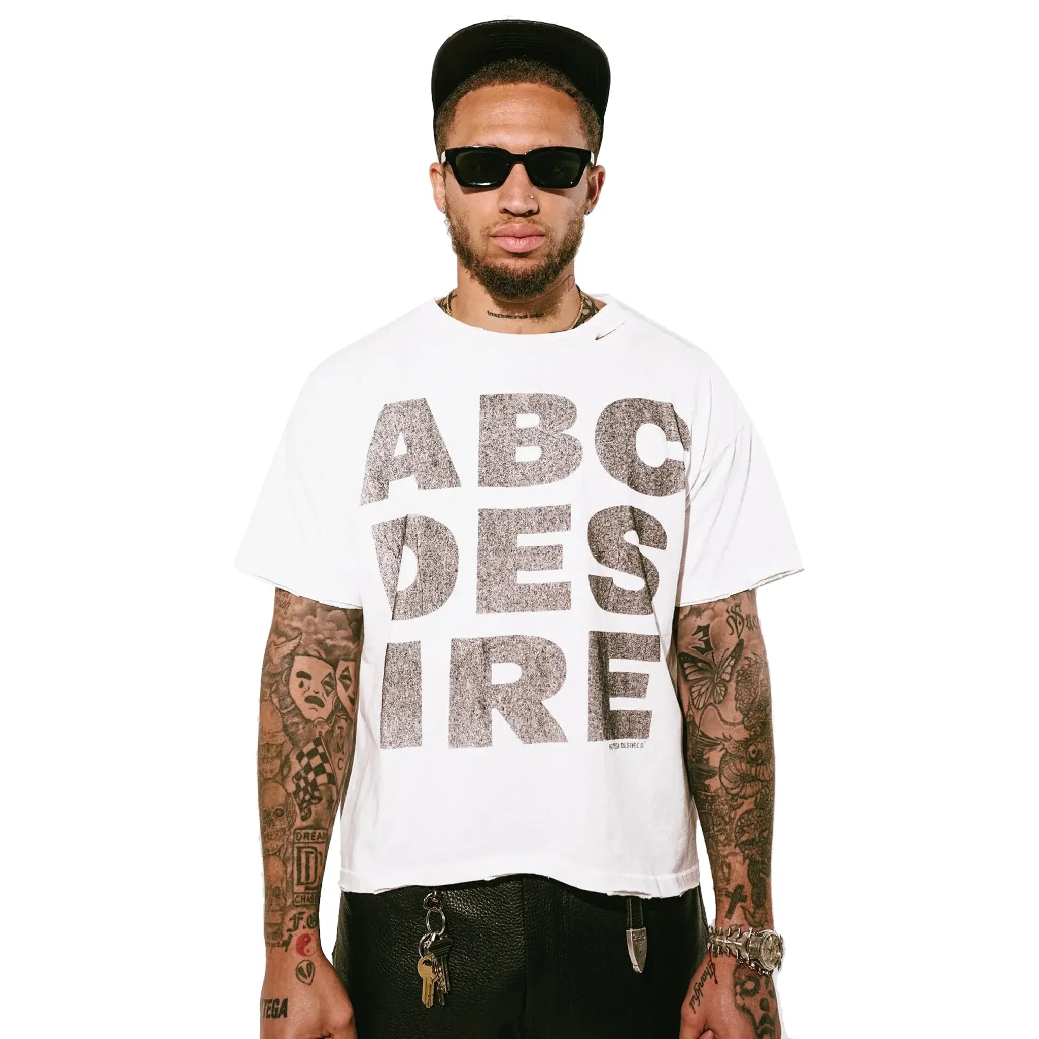 Detailed Front View of Bottega Desires ABC White T-Shirt