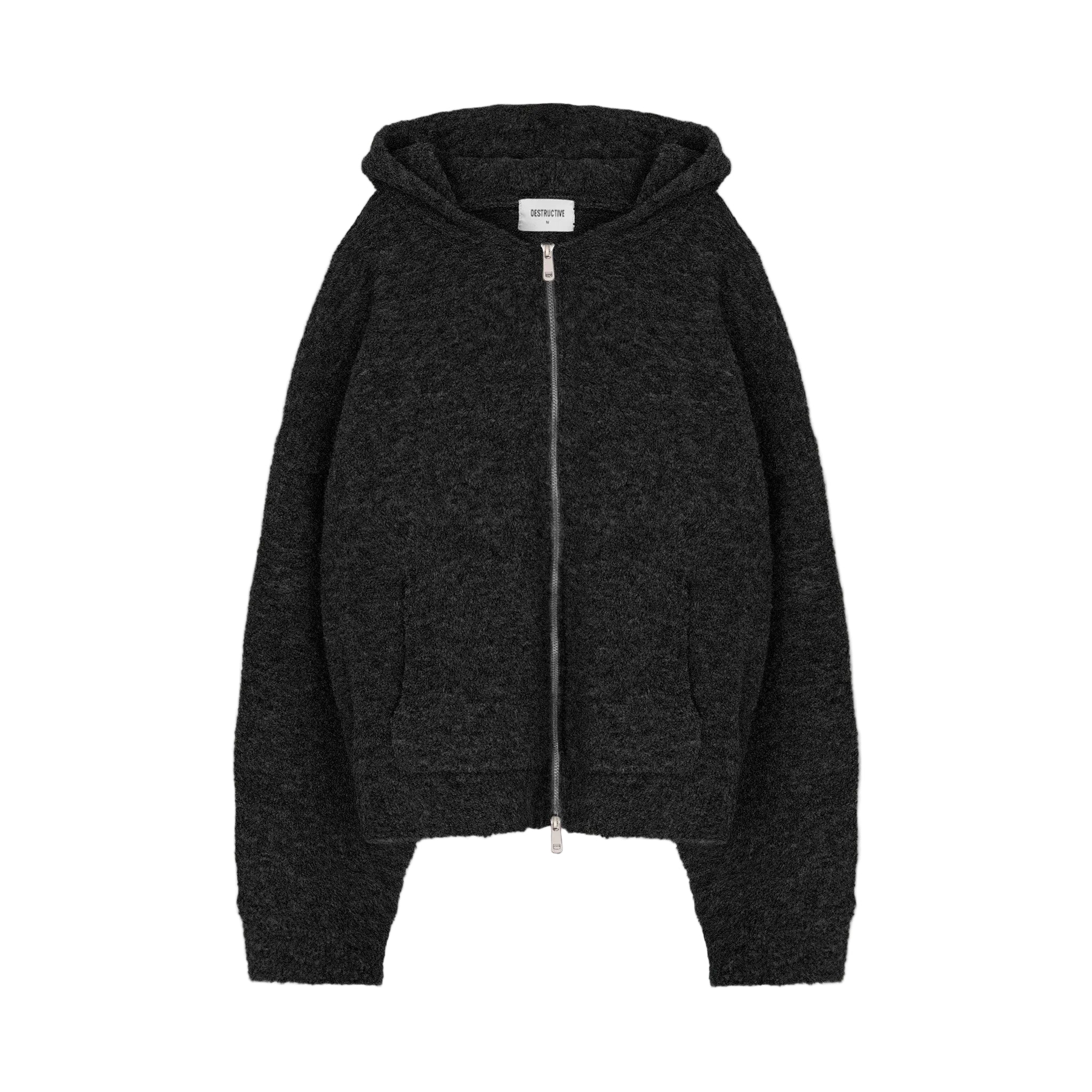 Front view of Destructive Bouclé Black ZIP Hoodie