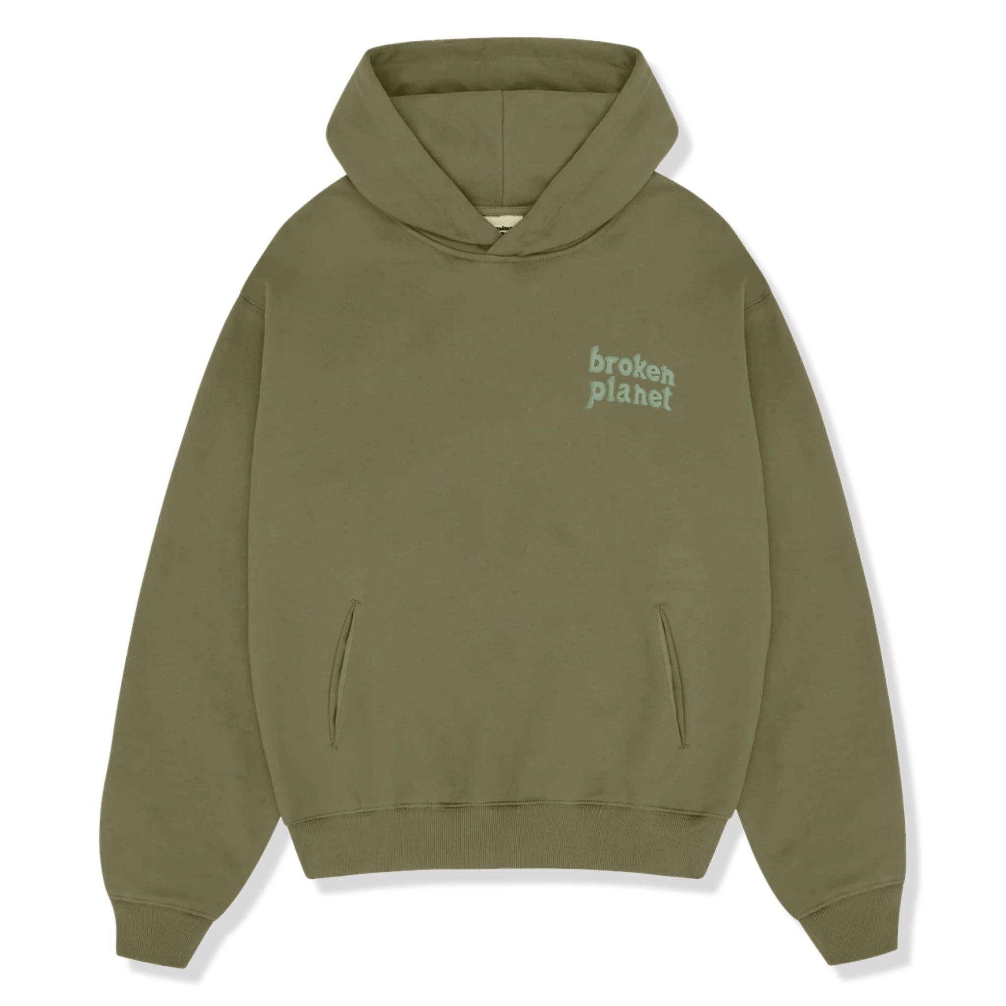 Front view of Broken Planet Basics Olive Green Hoodie