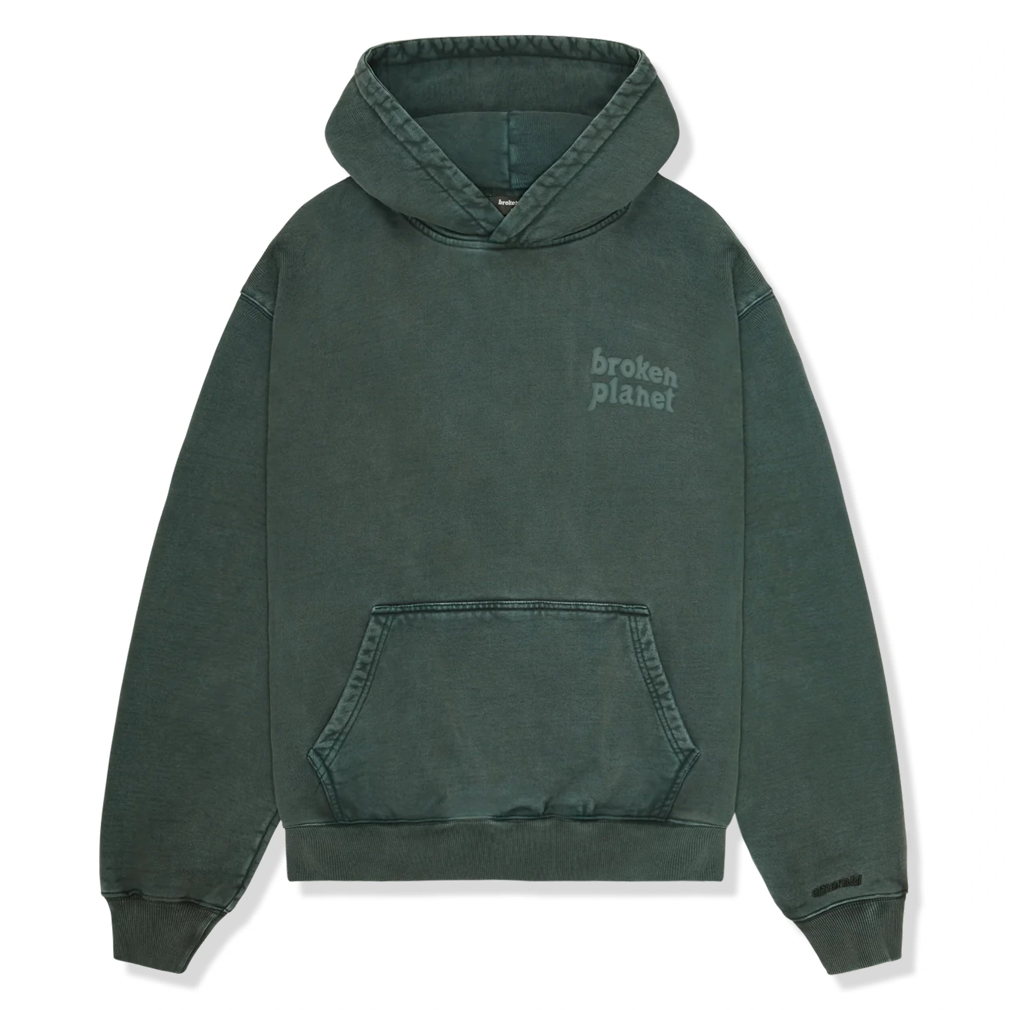 Front view of Broken Planet Basics Washed Emerald Hoodie 