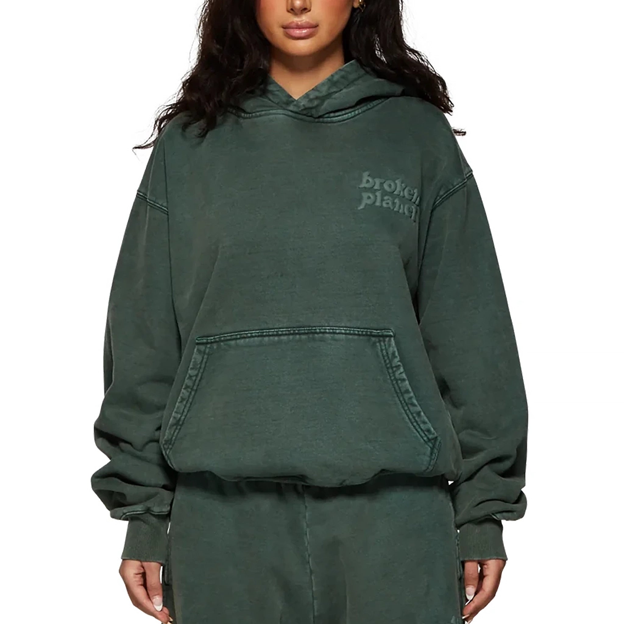 Model view of Broken Planet Basics Washed Emerald Hoodie