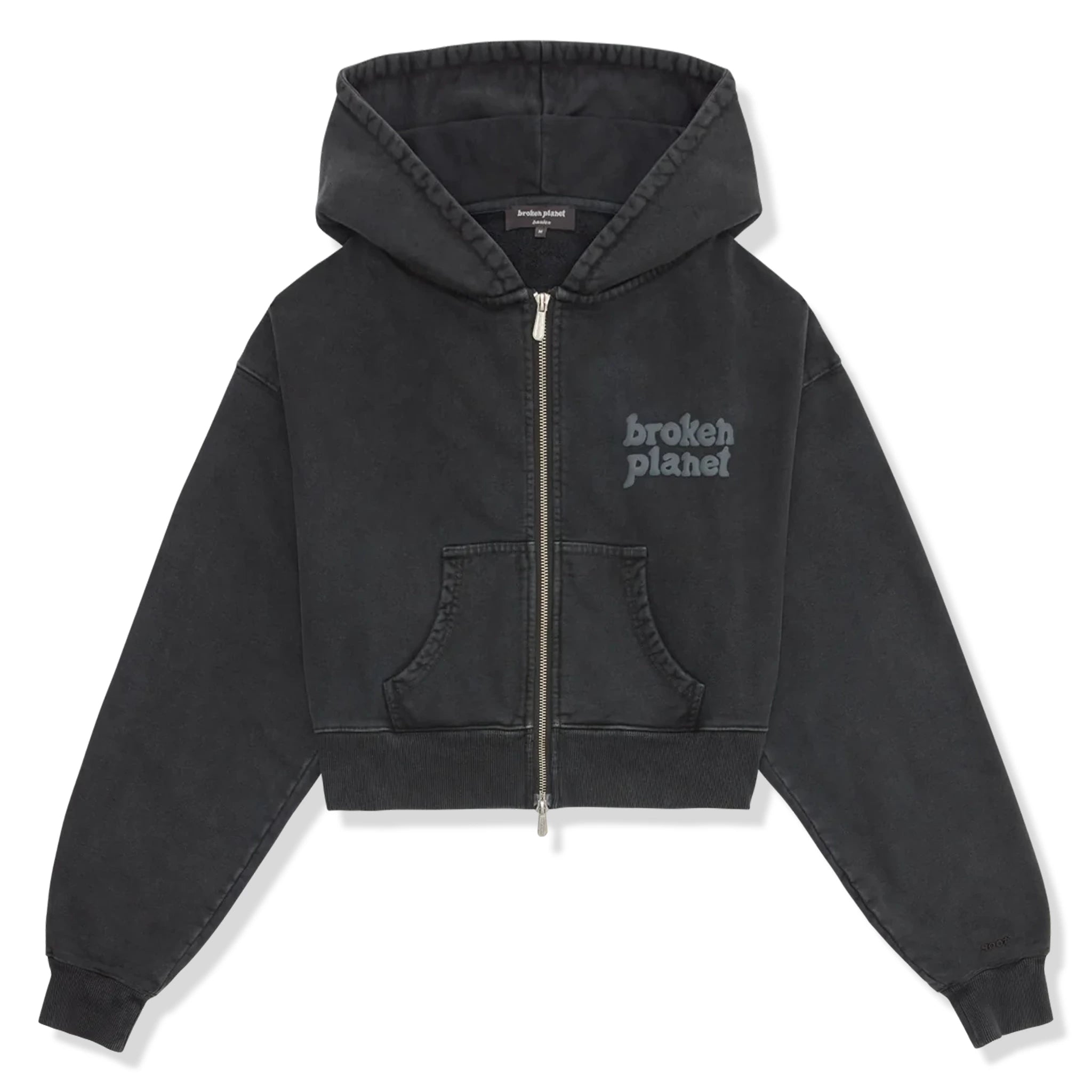 Front view of Broken Planet Basics Washed Soot Black Cropped Zip-Up Hoodie