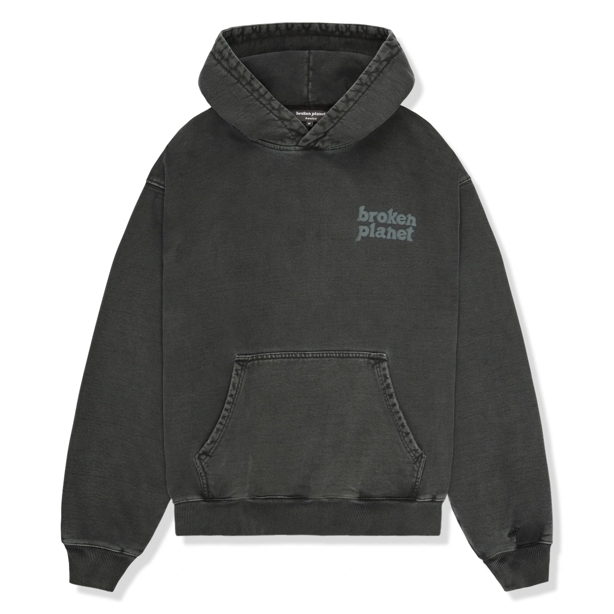 Front view of Broken Planet Basics Washed Soot Black Hoodie