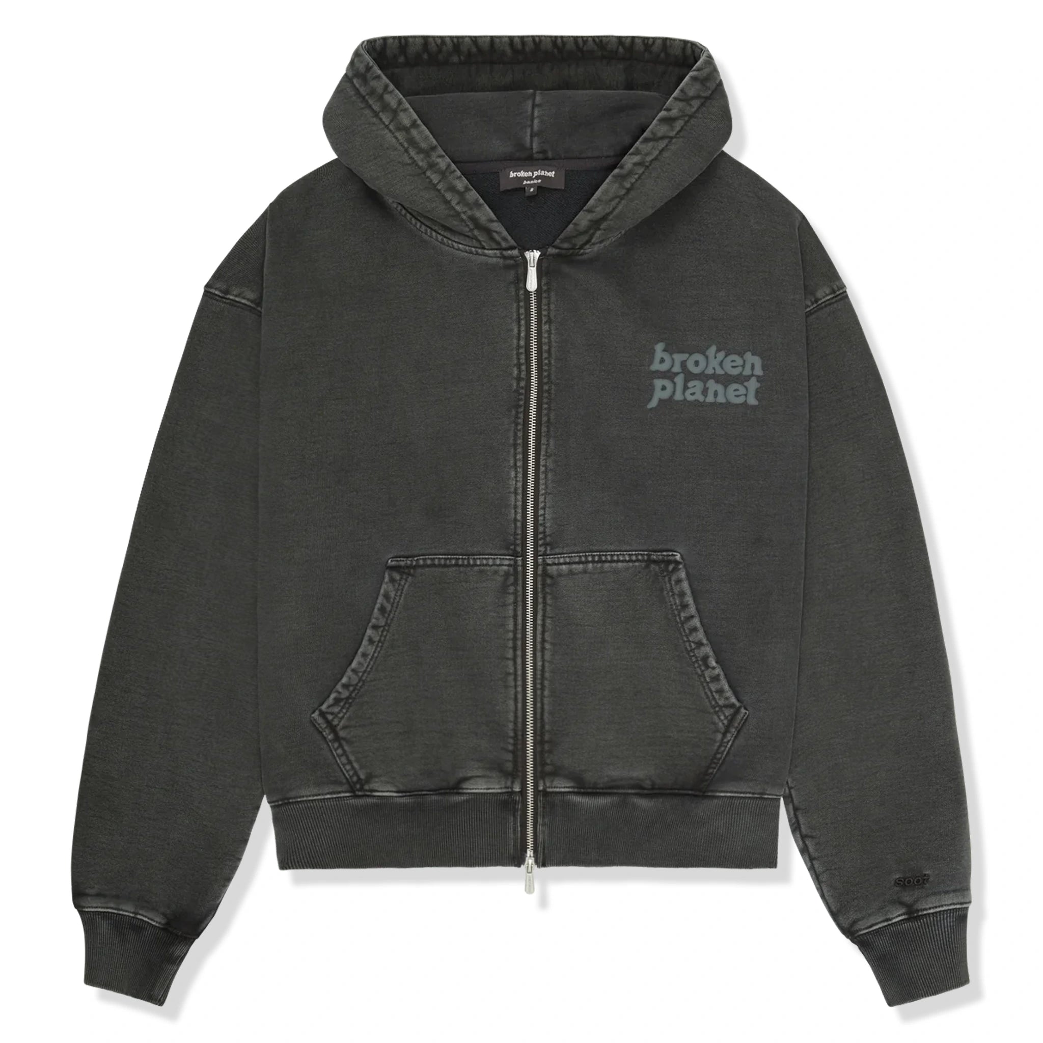 Front view of Broken Planet Basics Washed Soot Black Zip-Up Hoodie