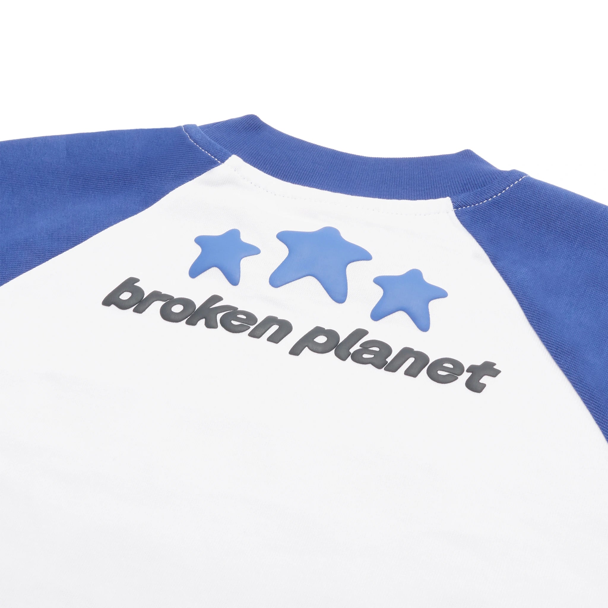 Back logo view of Broken Planet Born To Be Fast White Blue Long-Sleeved T Shirt