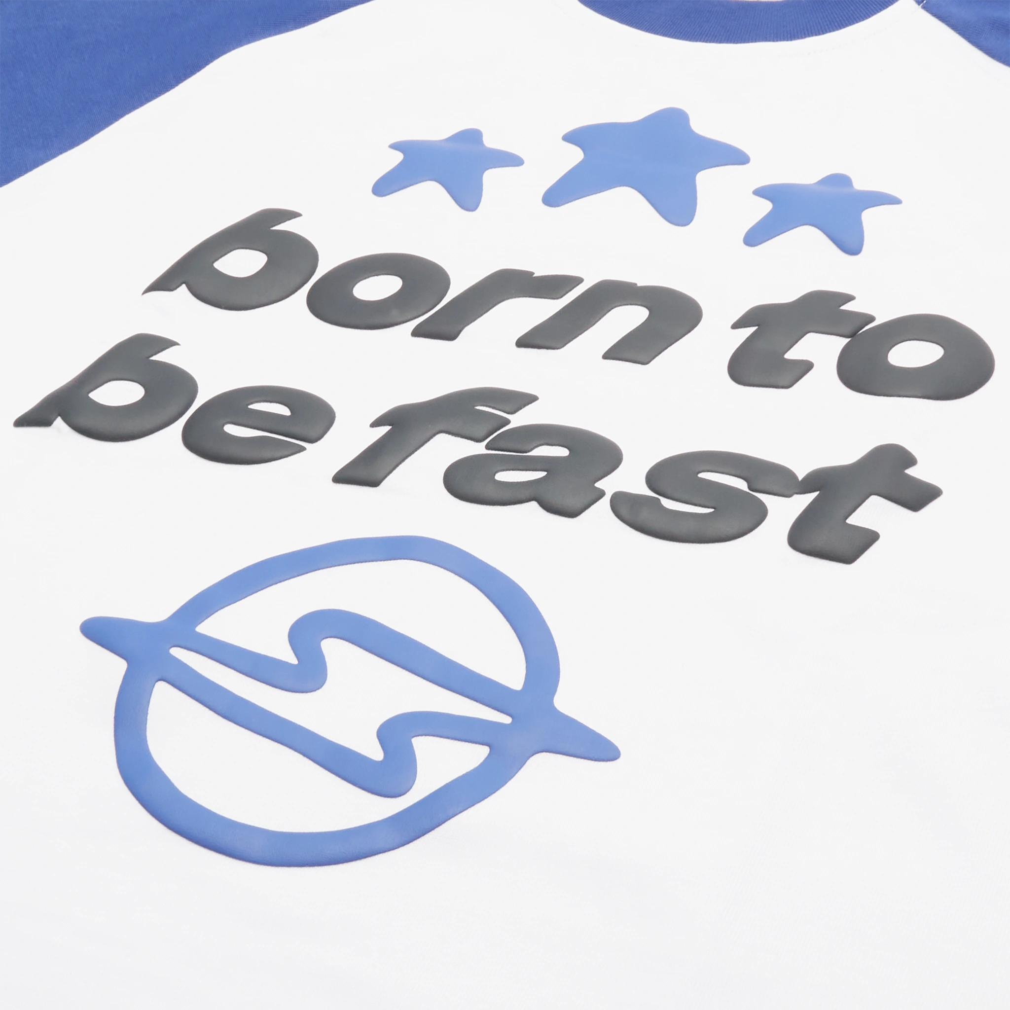 Front logo view view of Broken Planet Born To Be Fast White Blue Long-Sleeved T Shirt
