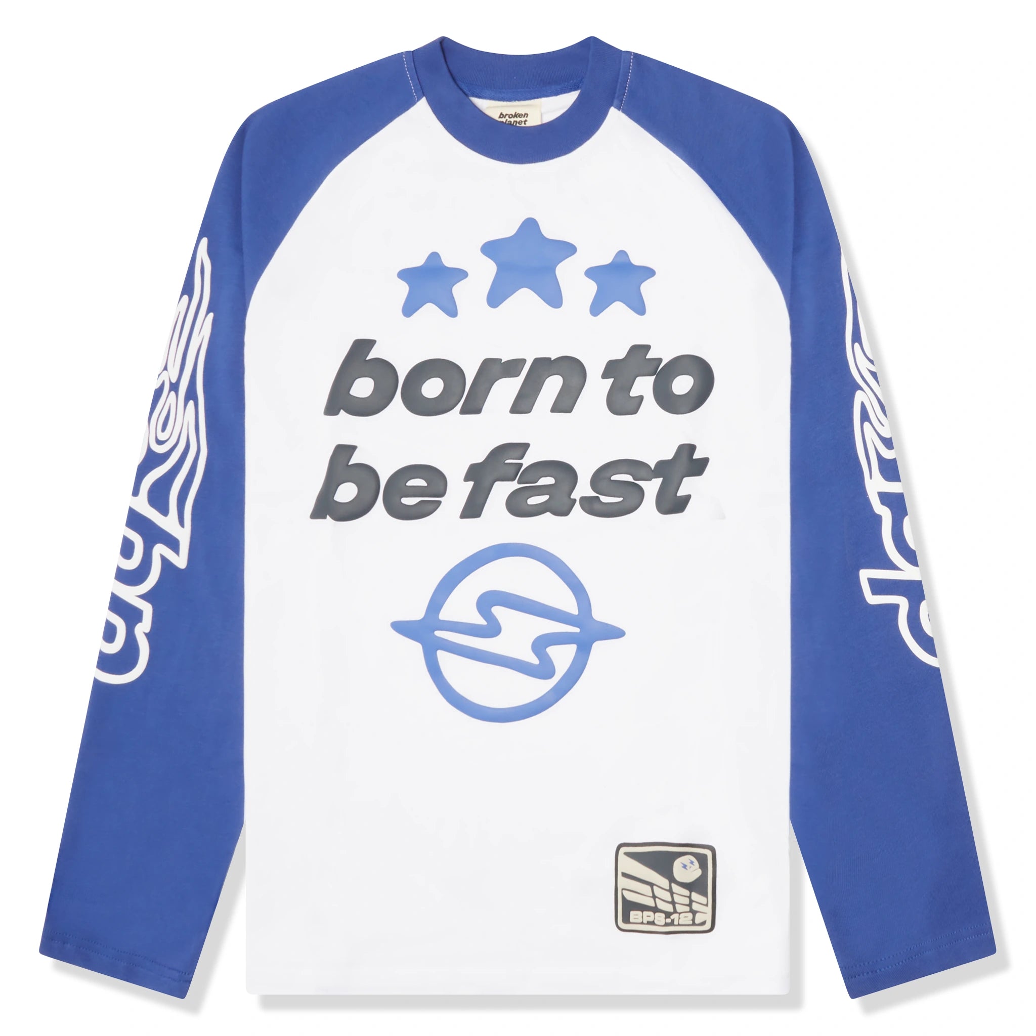 Front view of Broken Planet Born To Be Fast White Blue Long-Sleeved T Shirt