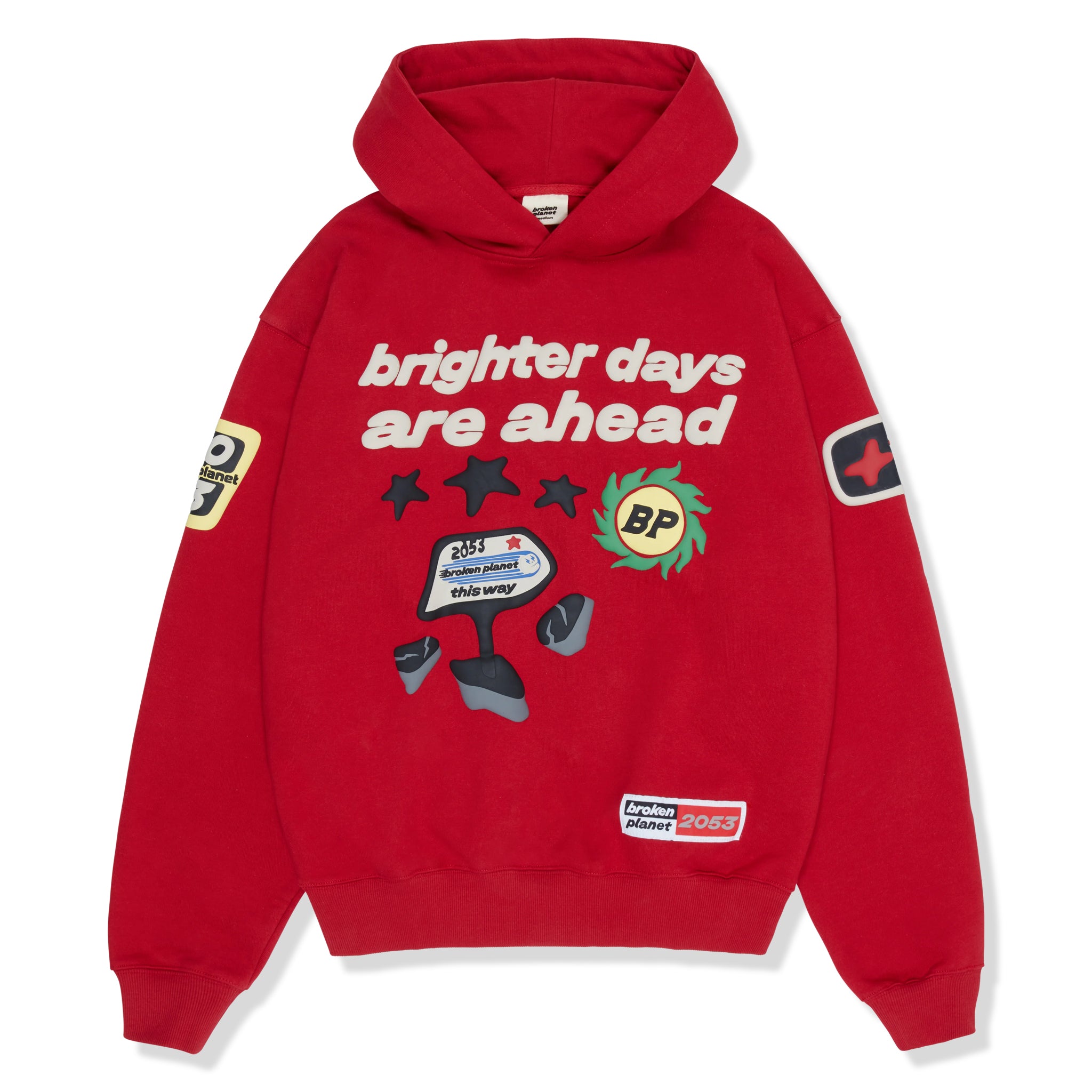 Front view of Broken Planet Brighter Days Are Ahead Ruby Red Hoodie BP-BDAA-HD-R_RE