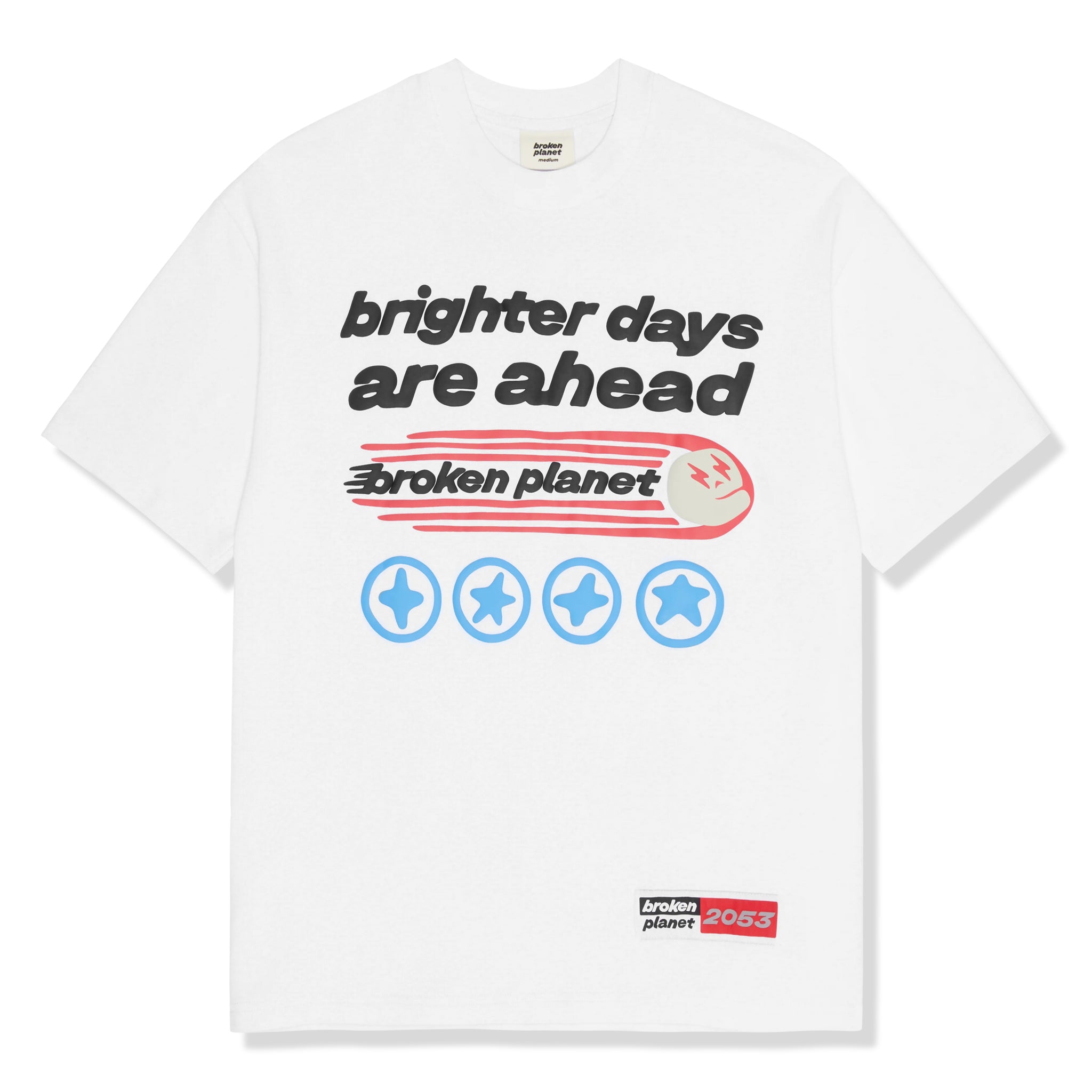 Front view of Broken Planet Brighter Days Are Ahead White T Shirt 