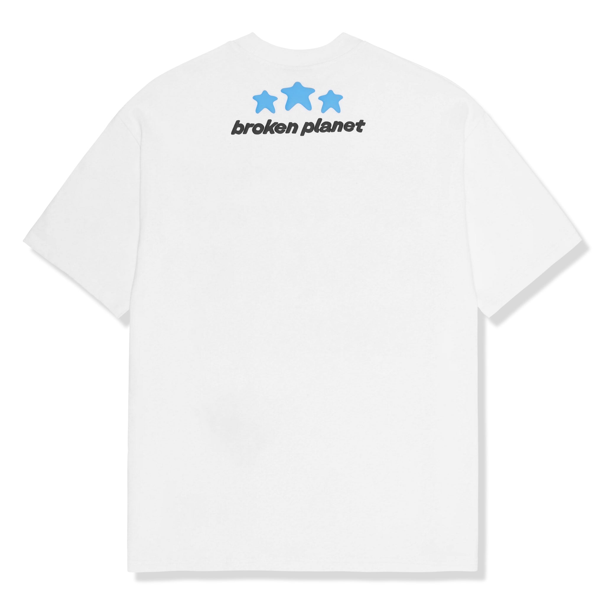 Model back view of Broken Planet Brighter Days Are Ahead White T Shirt