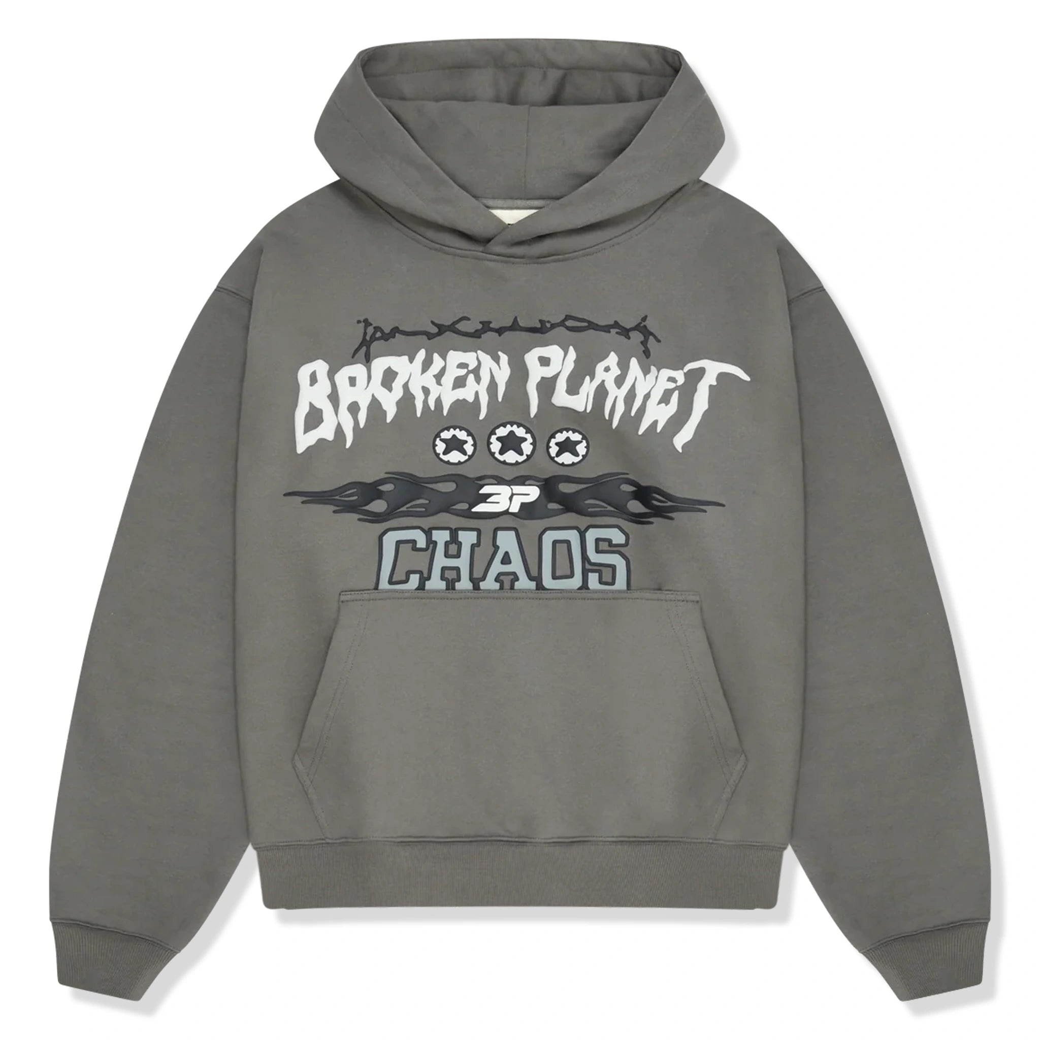 Front view of Broken Planet Chaos Gunmetal Grey Hoodie