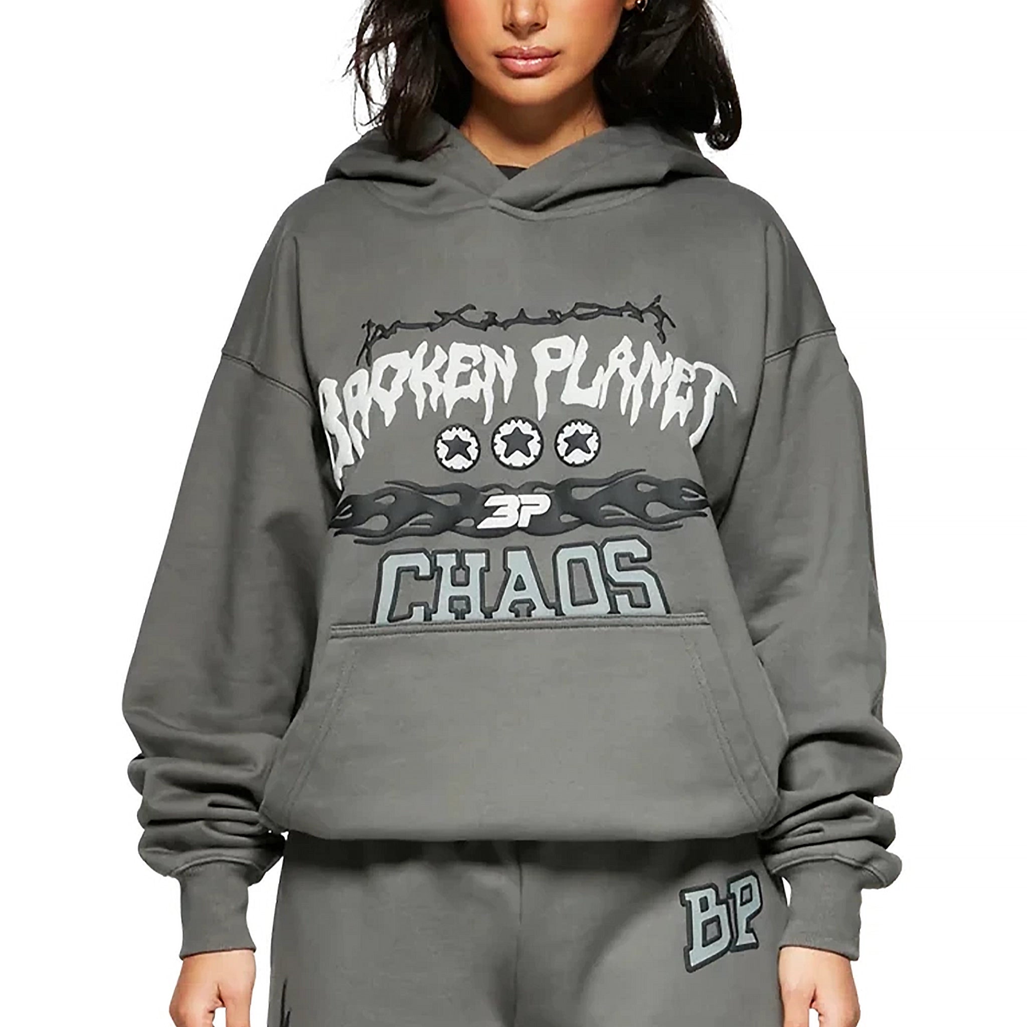 Model front view of Broken Planet Chaos Gunmetal Grey Hoodie