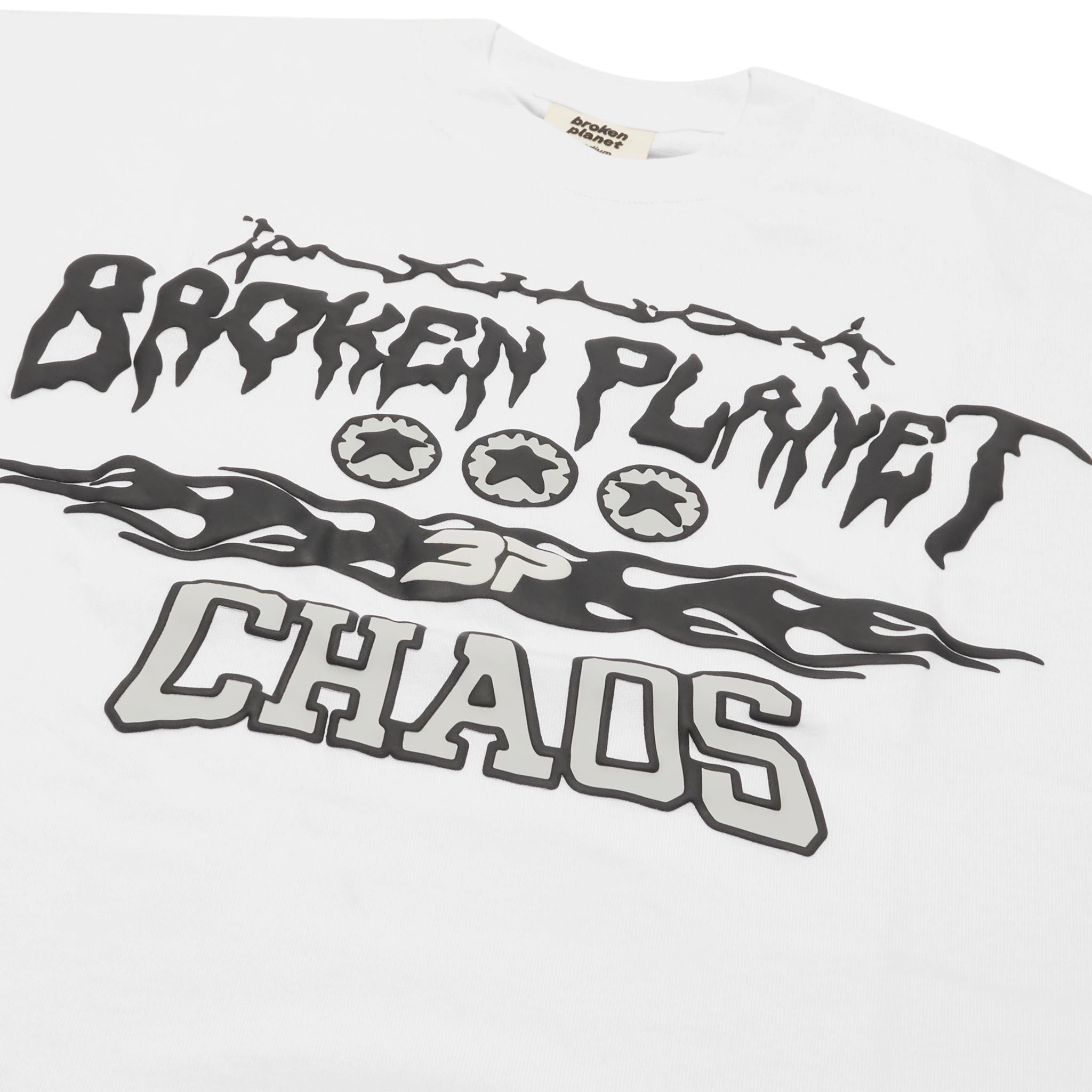 Front logo view of Broken Planet Chaos White T Shirt BP-C-TS-WHITE