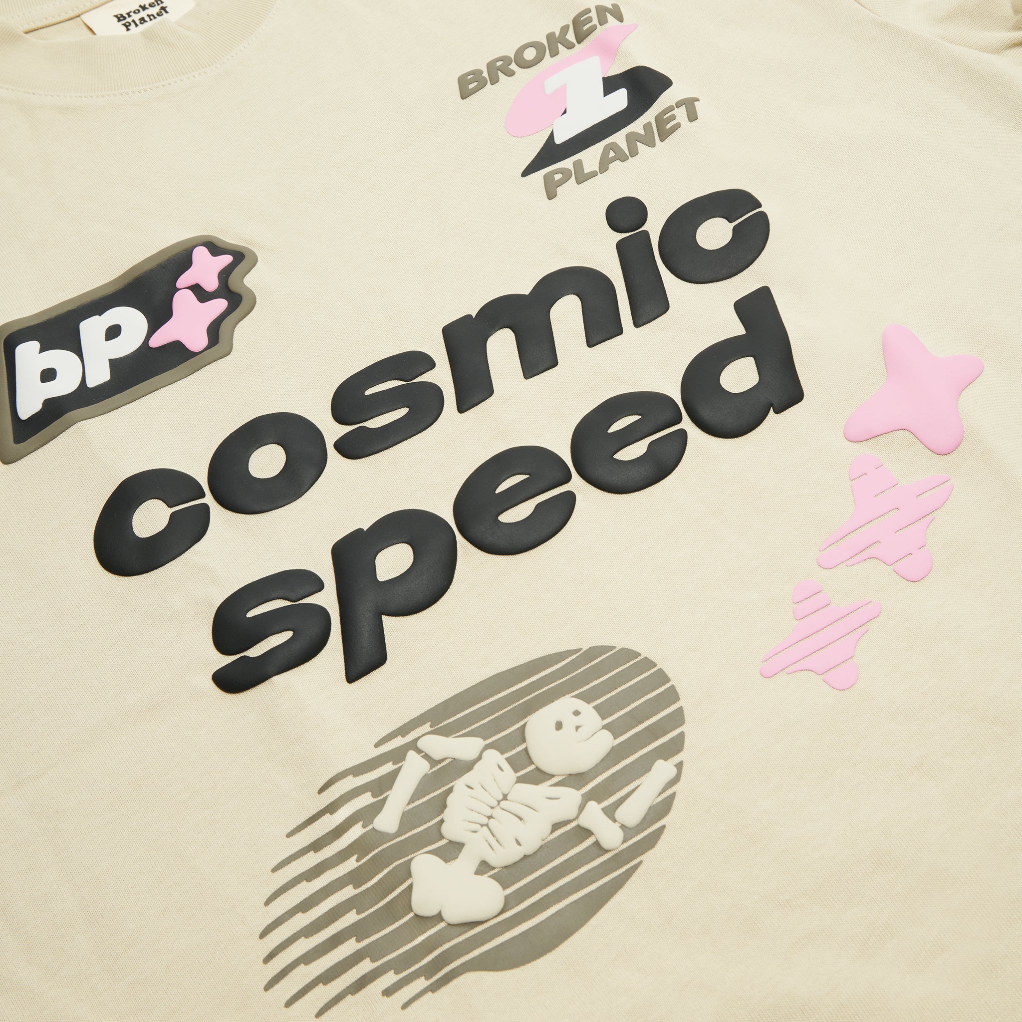 Chest view of Broken Planet Cosmic Speed Bone White T Shirt BP-CS-TS-B_WHITE