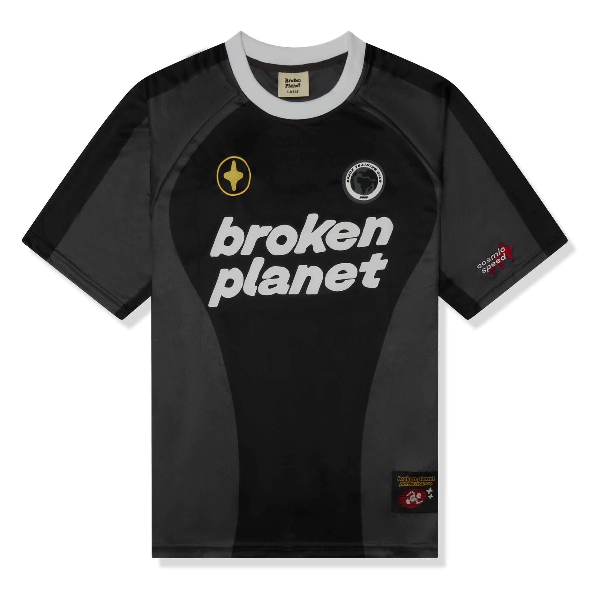 front view of Broken Planet Cosmic Speed Football T Shirt Black Grey BP-FT-BLACK/GRAY