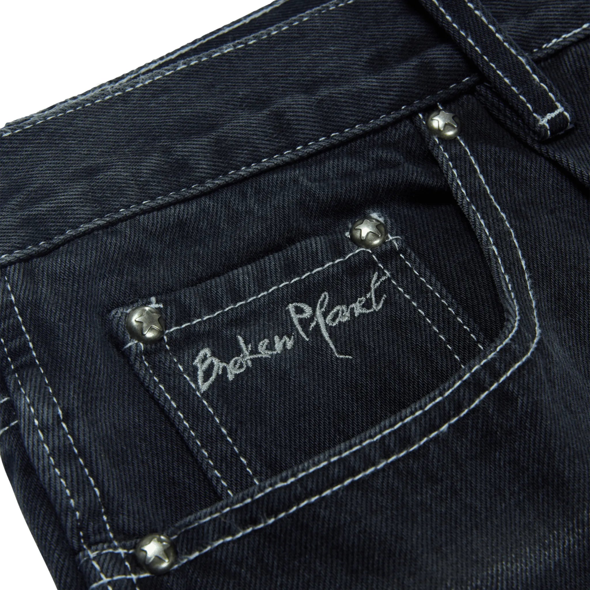 Detail view of Broken Planet Denim Washed Black Shorts