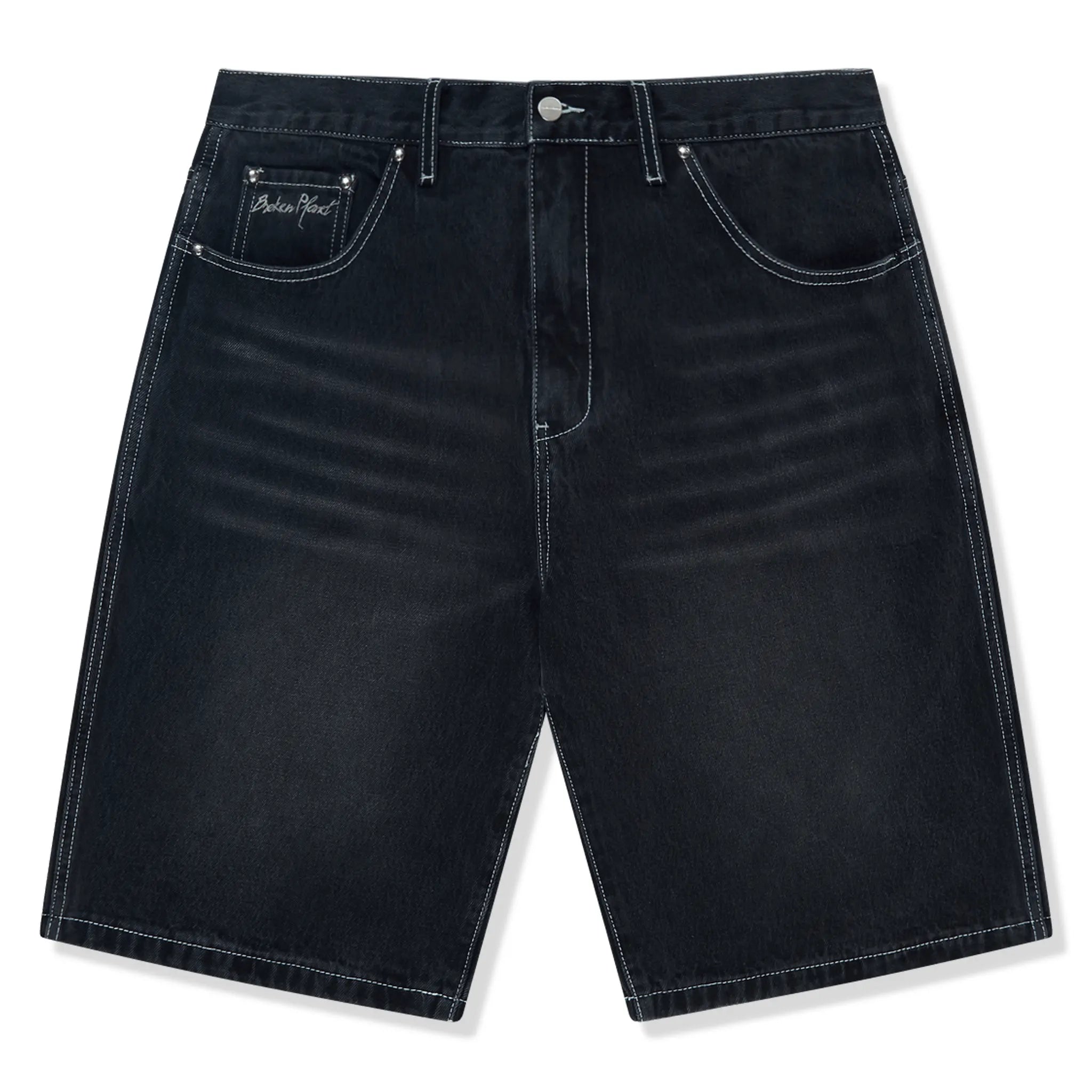 Front view of Broken Planet Denim Washed Black Shorts