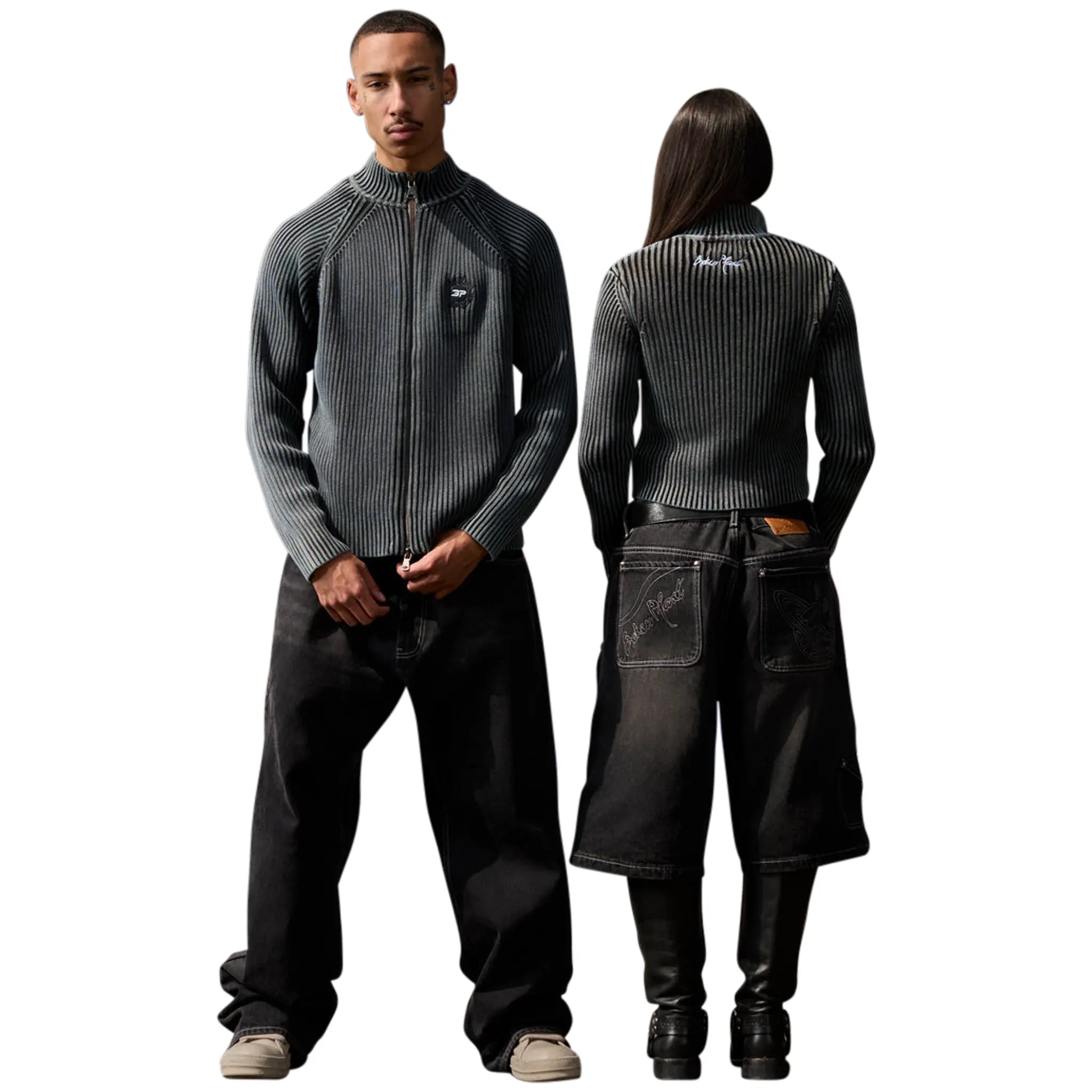 Model Back view of Broken Planet Denim Washed Black Shorts