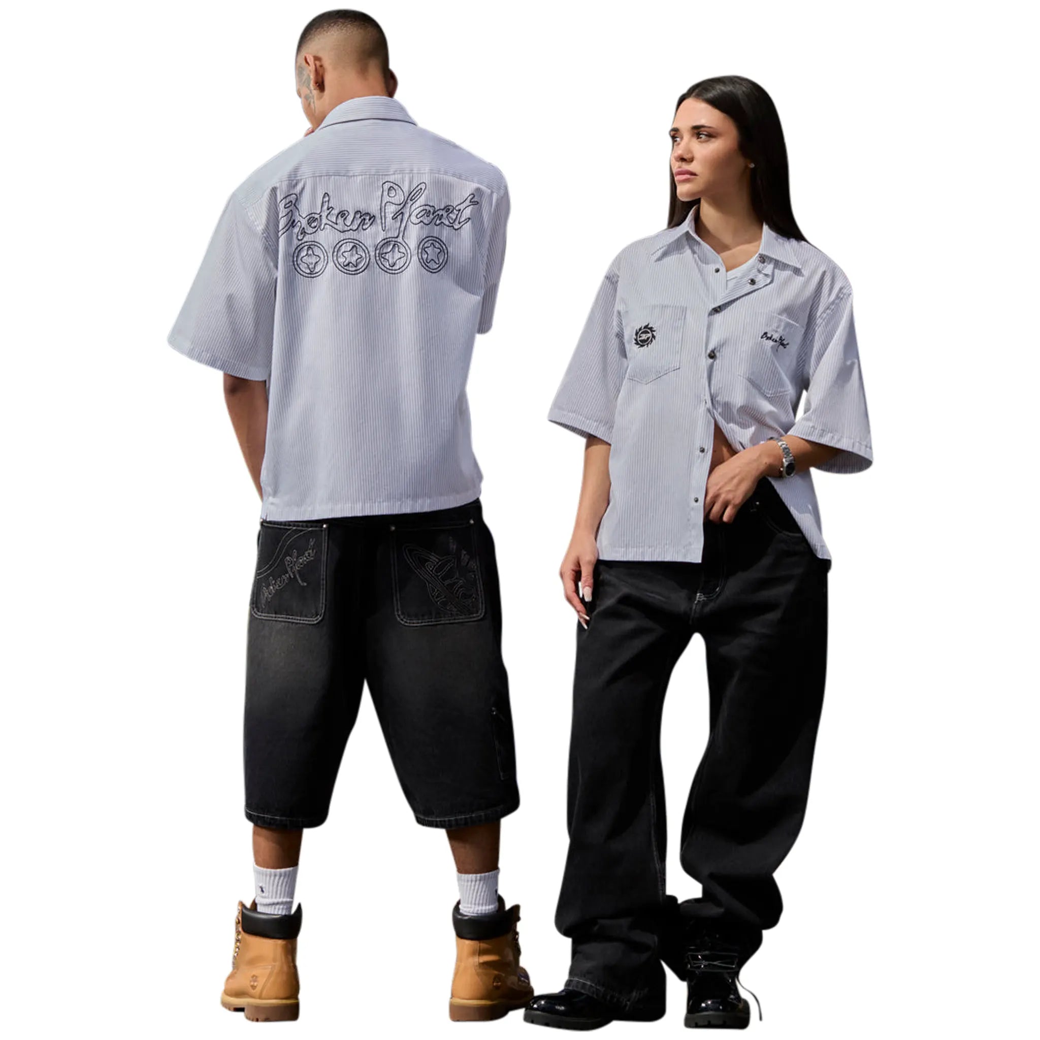 Model Back view of Broken Planet Denim Washed Black Shorts