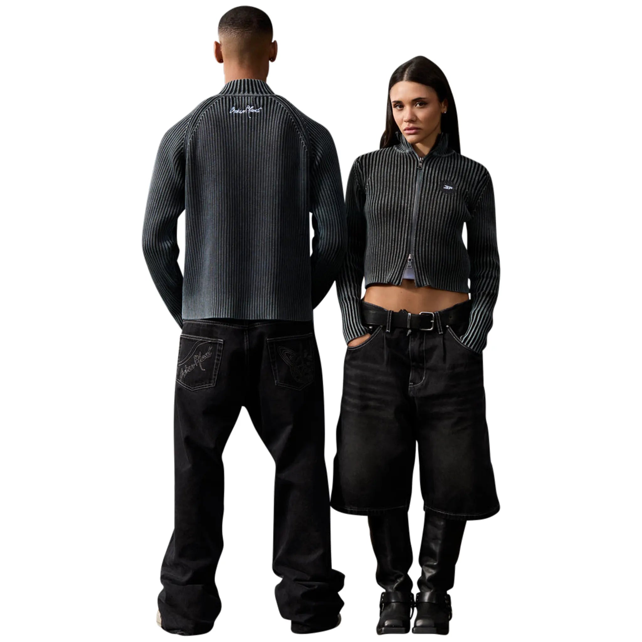 Model Front view of Broken Planet Denim Washed Black Shorts