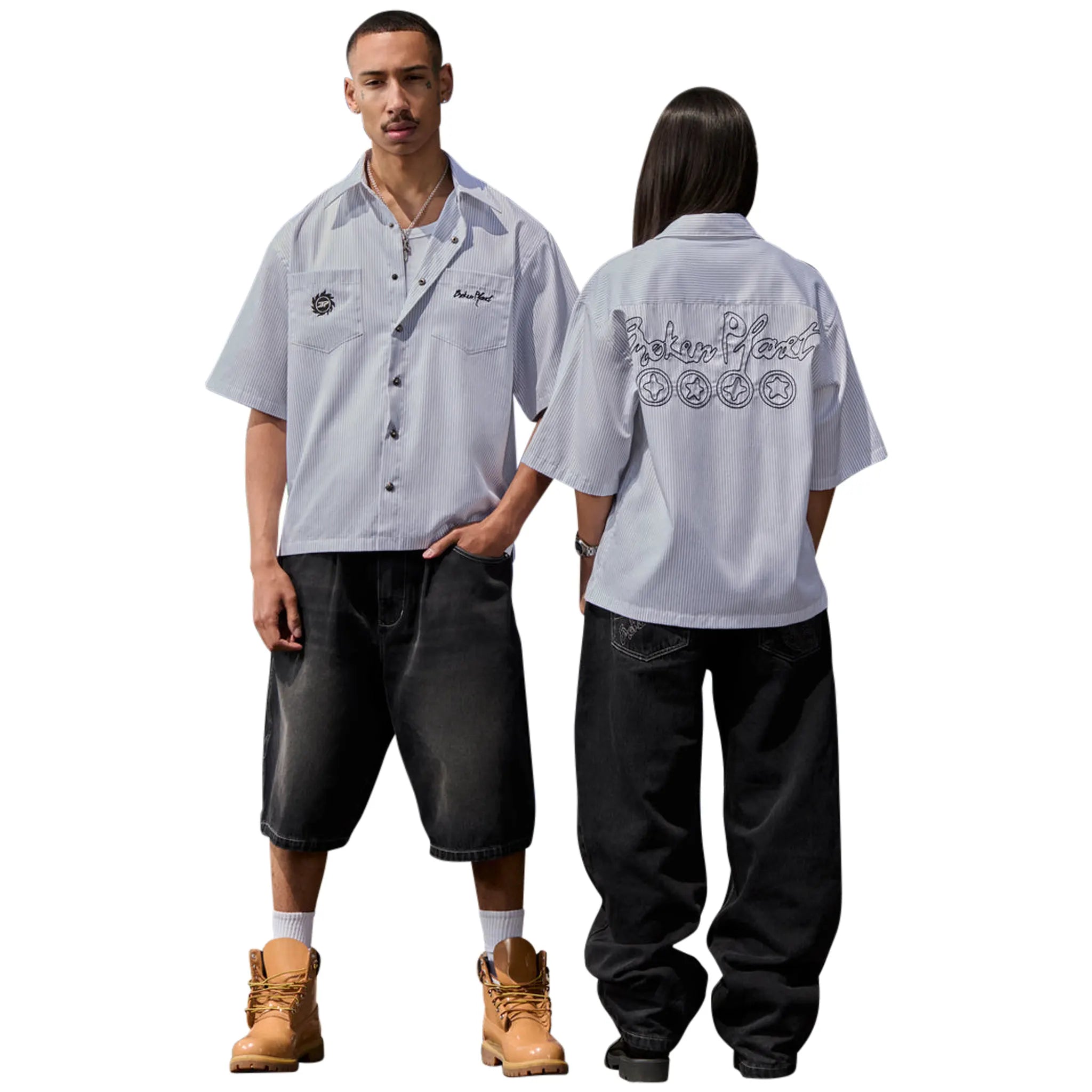 Model Front view of Broken Planet Denim Washed Black Shorts