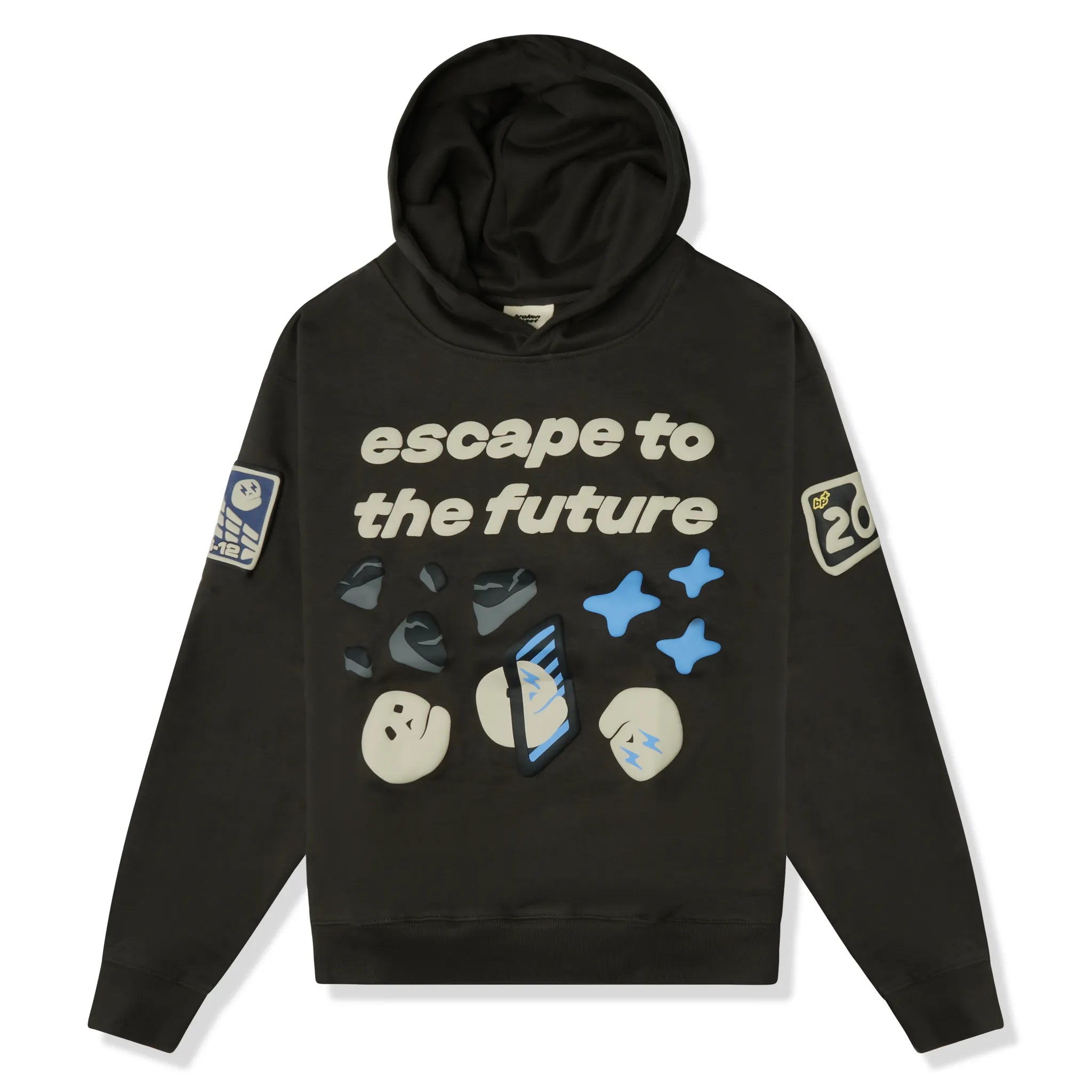 Front view of Broken Planet Escape To The Future Soot Black Hoodie