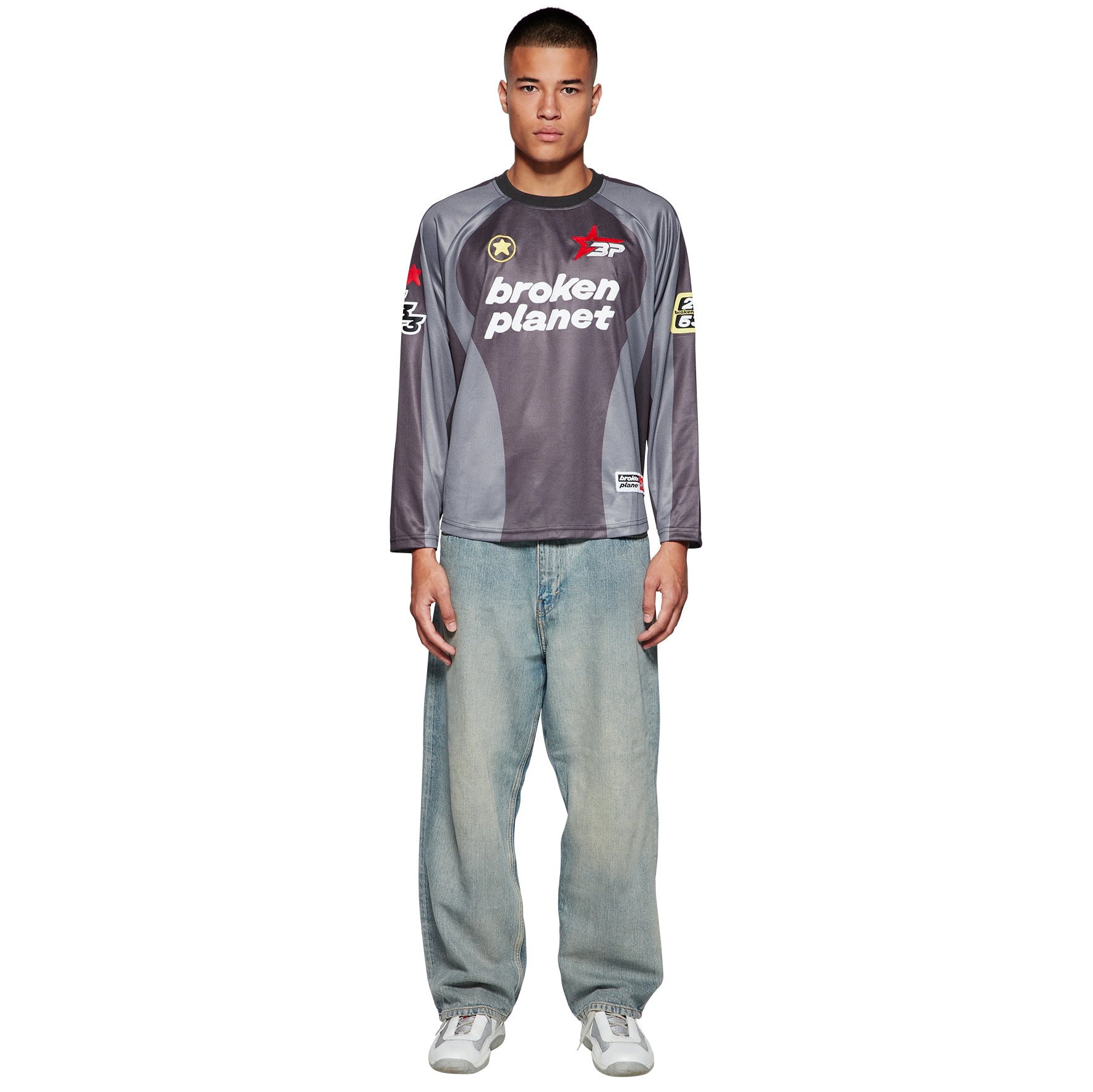 Model front view of Broken Planet Football Black Grey Long Sleeve T Shirt