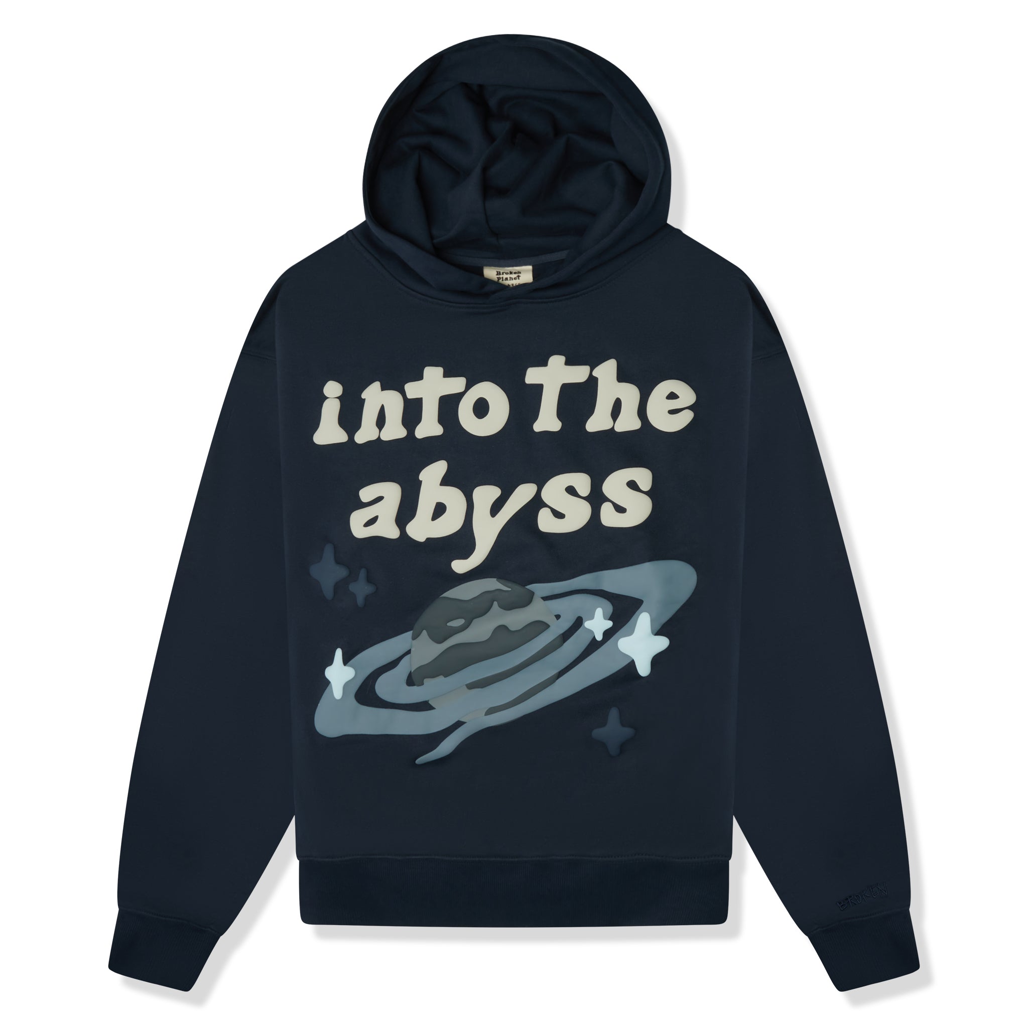 Front view of Broken Planet Into The Abyss Outer Space Blue Hoodie BP-ITA-HD-OUTER_SPACE_BLUE