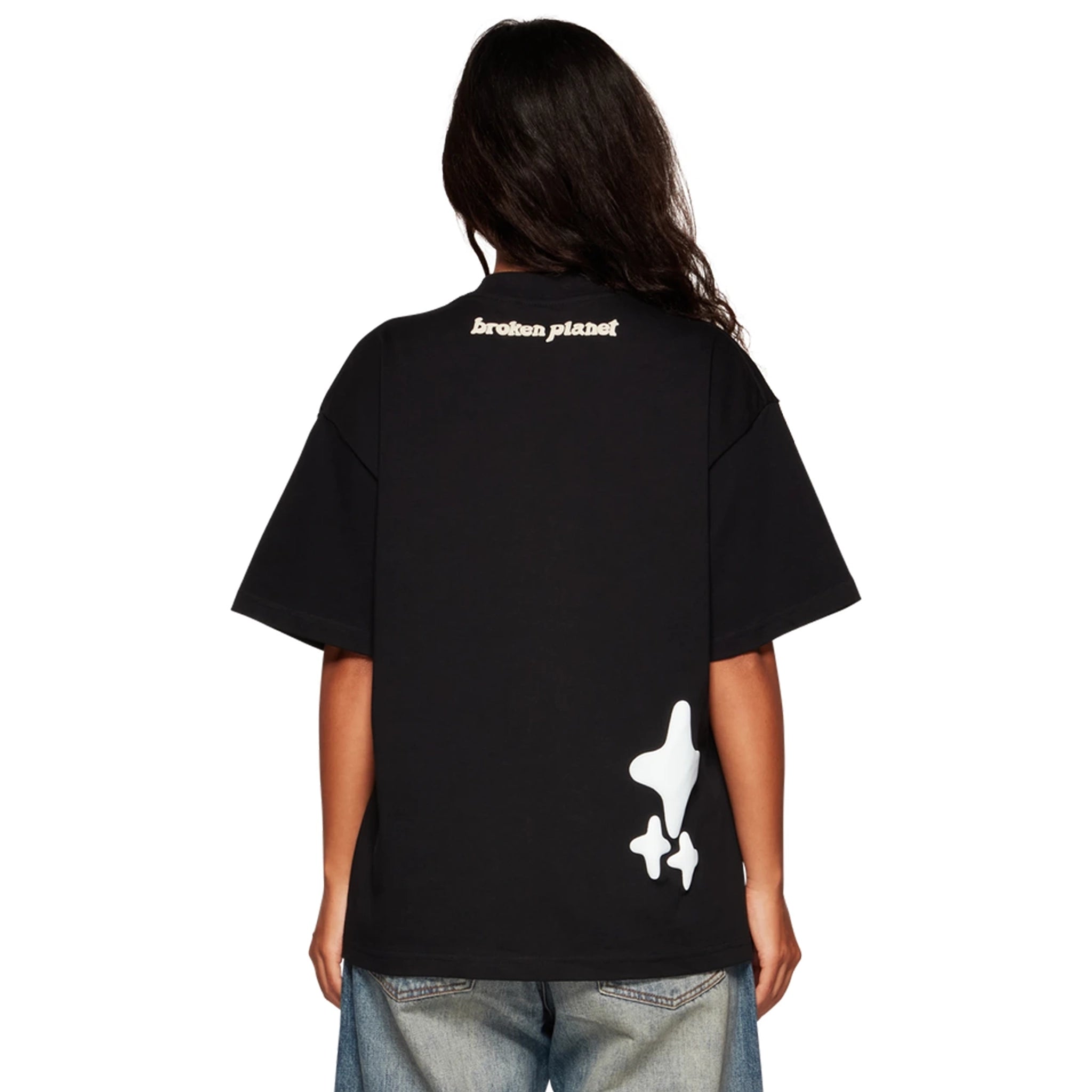Model back view of Broken Planet Into The Abyss Soot Black T Shirt BP-ITA-TS-SOOT_BLACK