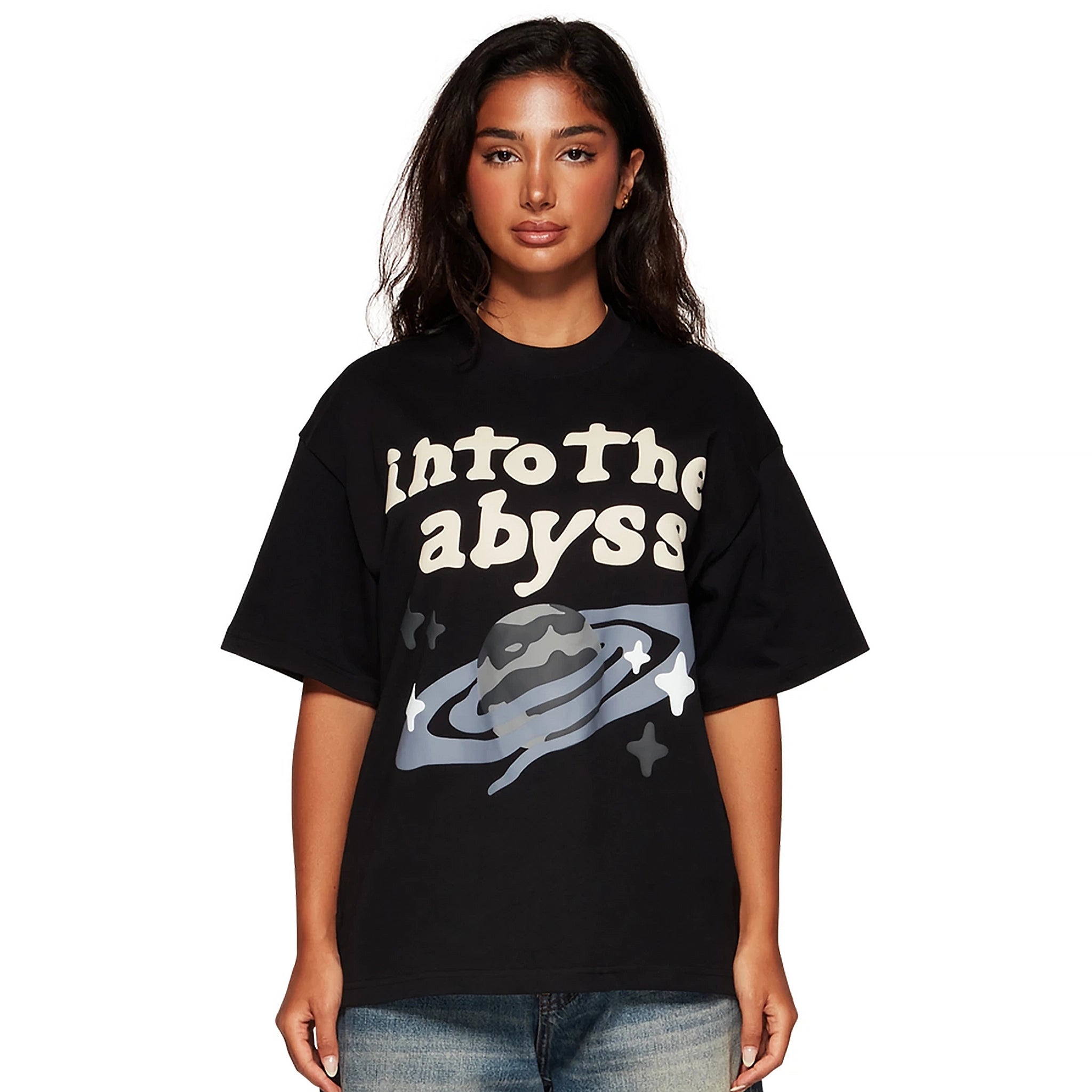 Model front view of Broken Planet Into The Abyss Soot Black T Shirt BP-ITA-TS-SOOT_BLACK