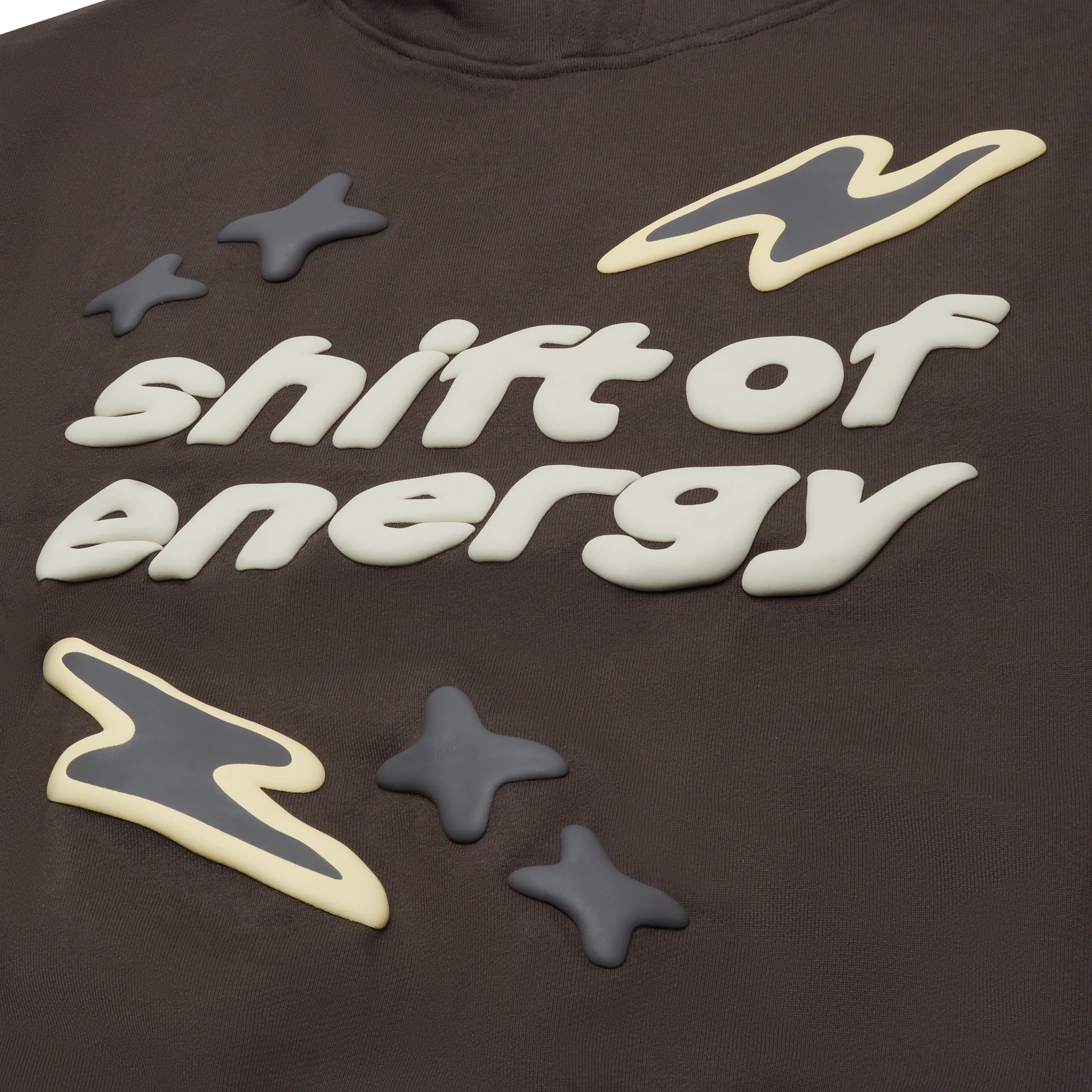 Front logo view of Broken Planet Shift Of Energy Dark Brown Hoodie