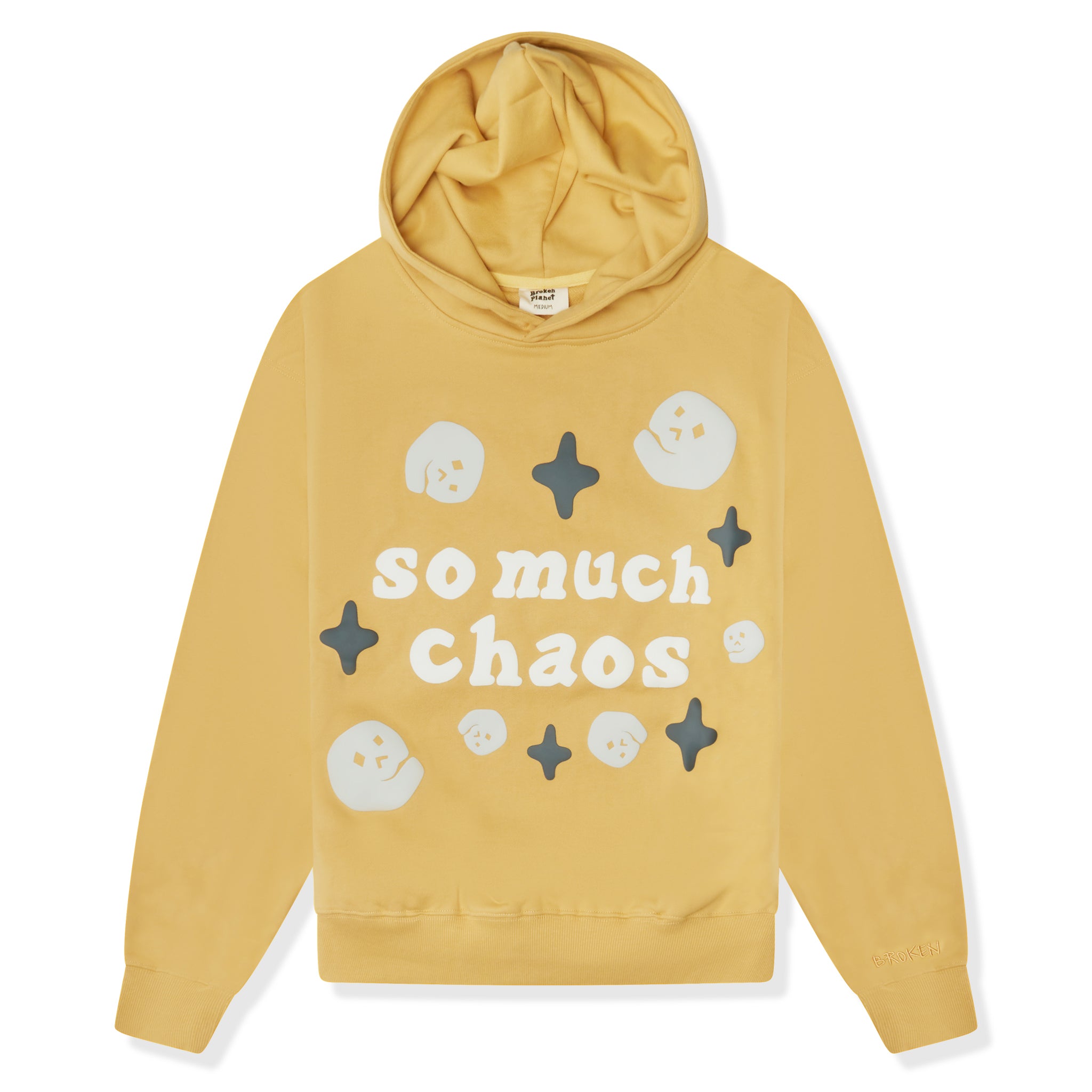 Front view of Broken Planet So Much Chaos Mustard Yellow Hoodie BP-SMC-HD-MUSTARD