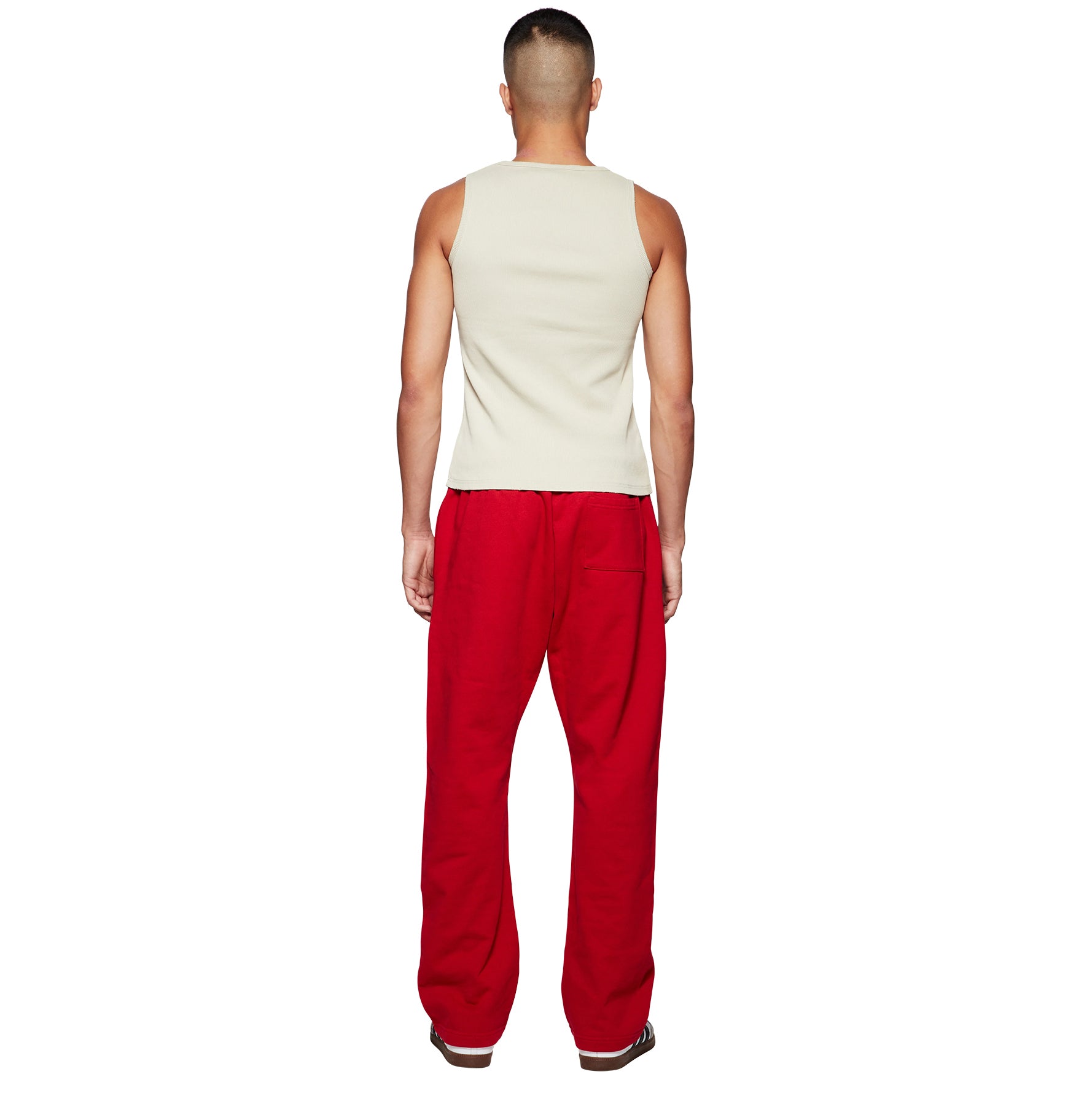 Model back view of Broken Planet Straight Leg Sweatpants Ruby Red