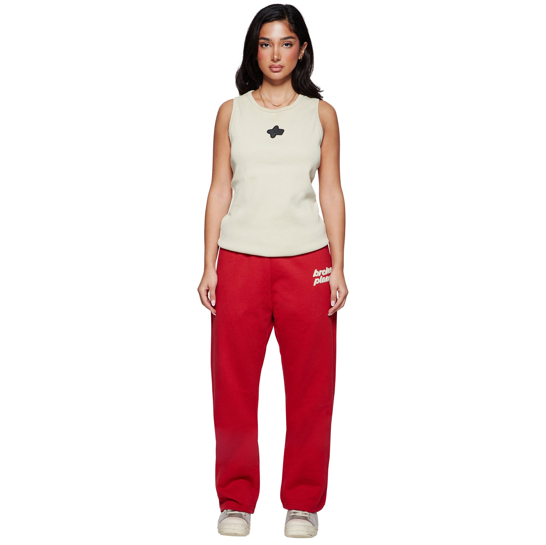 Model front view of Broken Planet Straight Leg Sweatpants Ruby Red