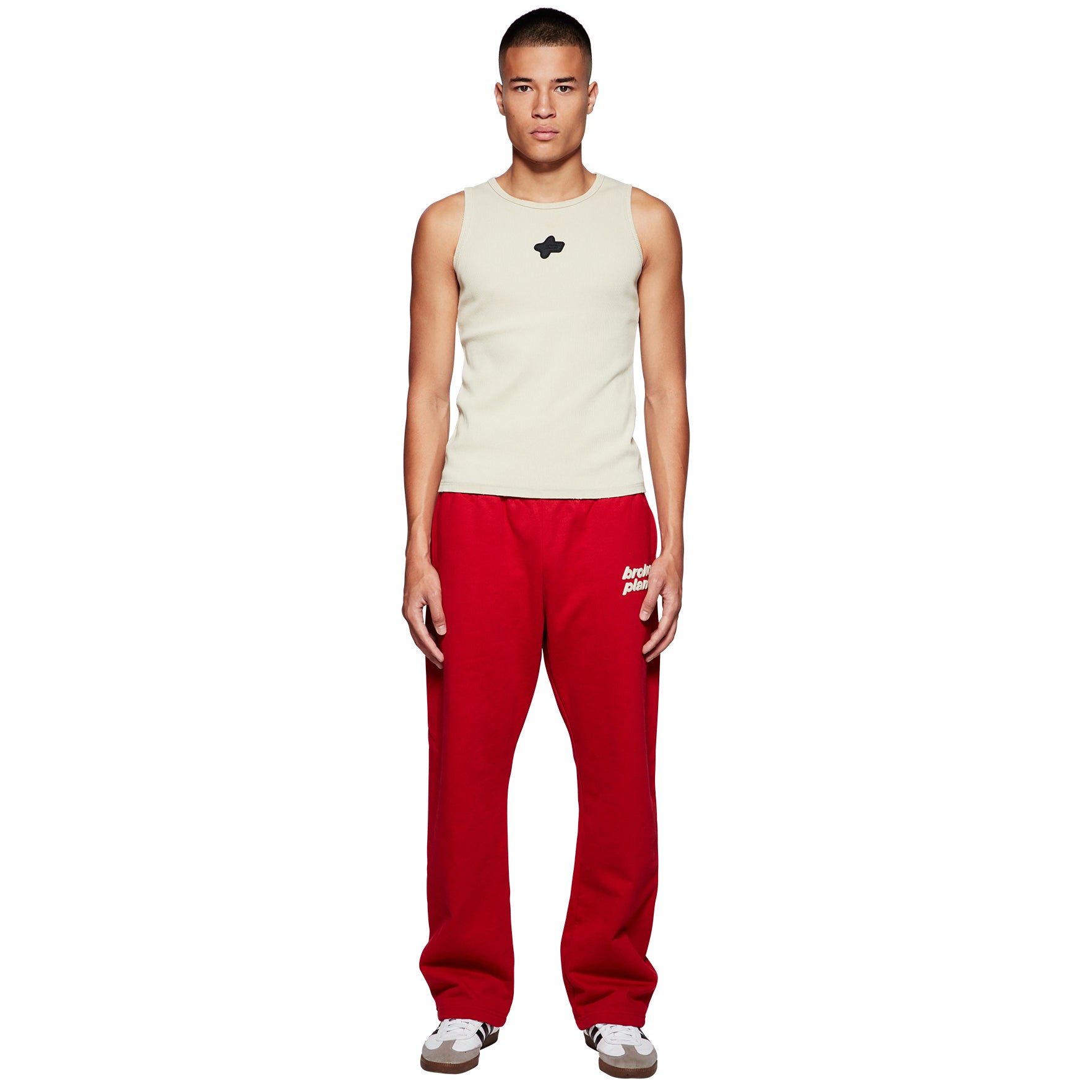 Model front view of Broken Planet Straight Leg Sweatpants Ruby Red