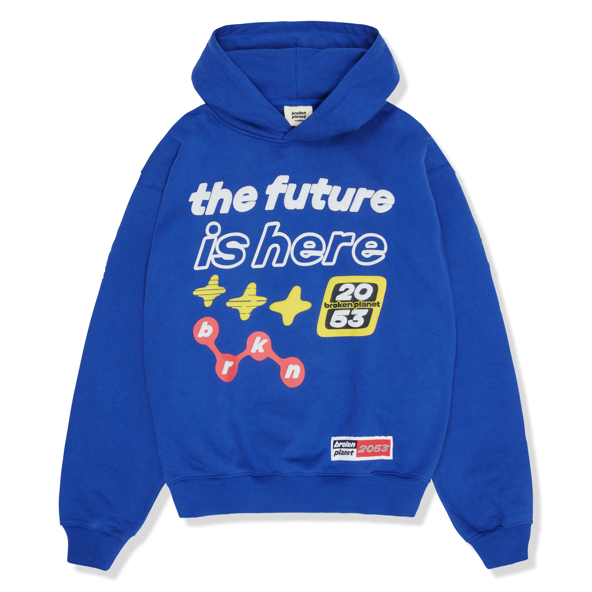 Front view of Broken Planet The Future Is Here Deep Blue Hoodie BP-TFIH-HD-D_BUE