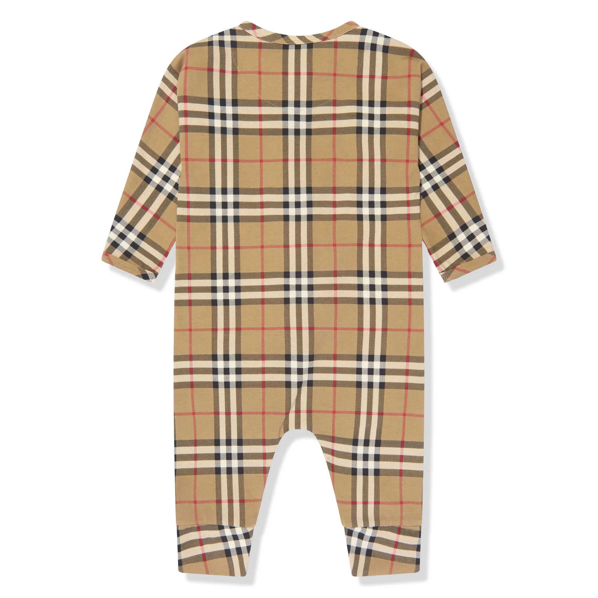 Back View of Burberry Baby Claude Archive Check Beige Romper Set