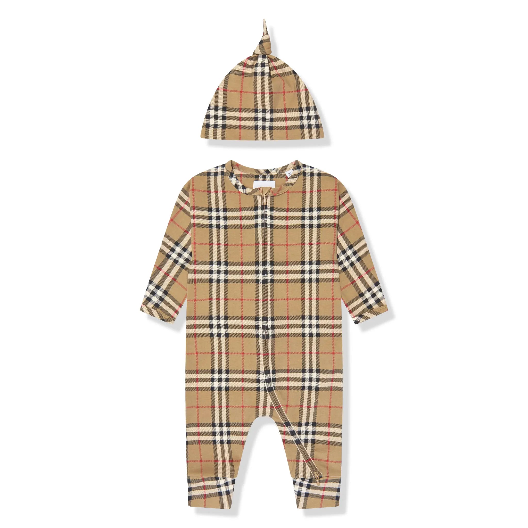 Set View of Burberry Baby Claude Archive Check Beige Romper Set