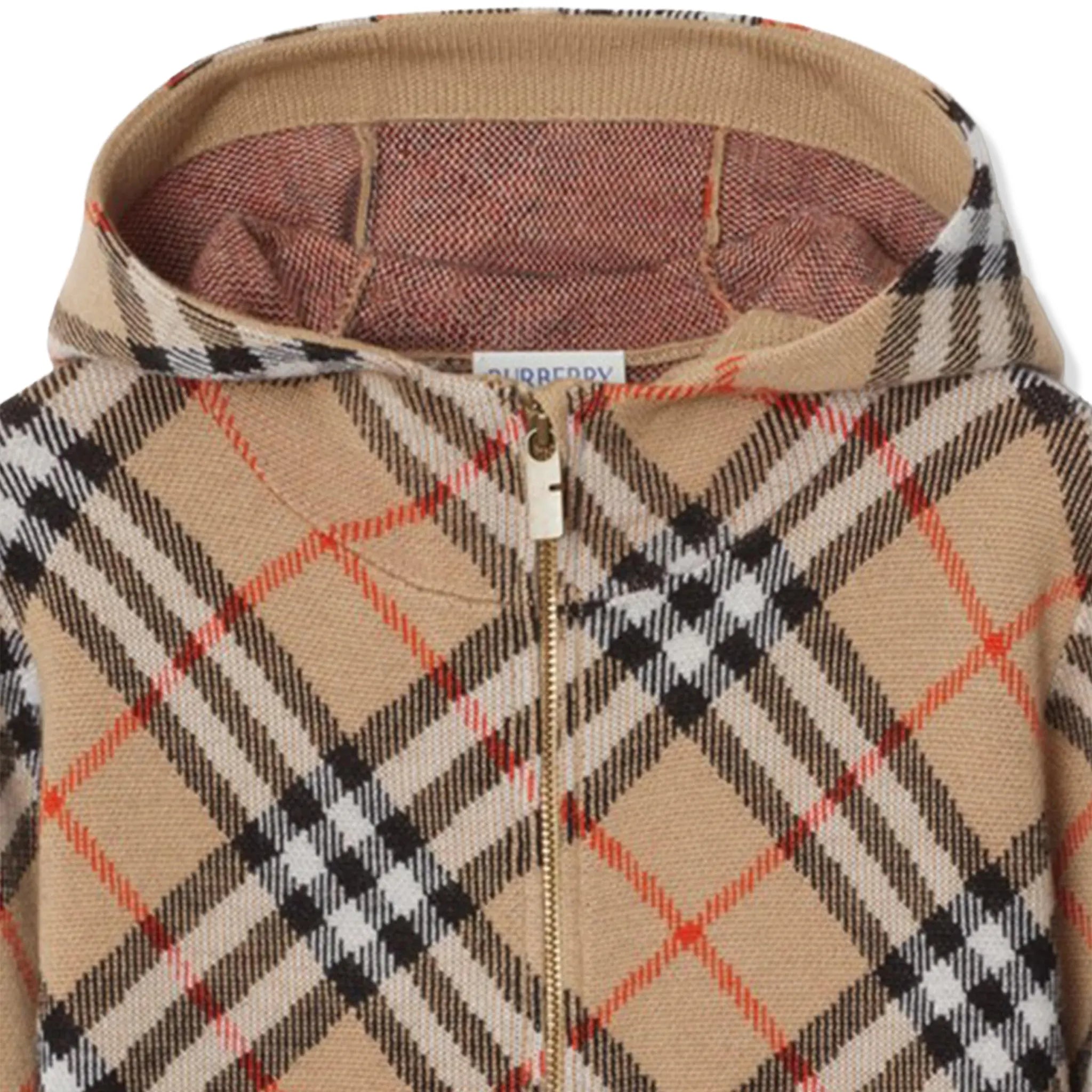 Detailed Front View of Burberry Boys Jimmy Check Zip-Up Beige Hoodie BURA5004107224
