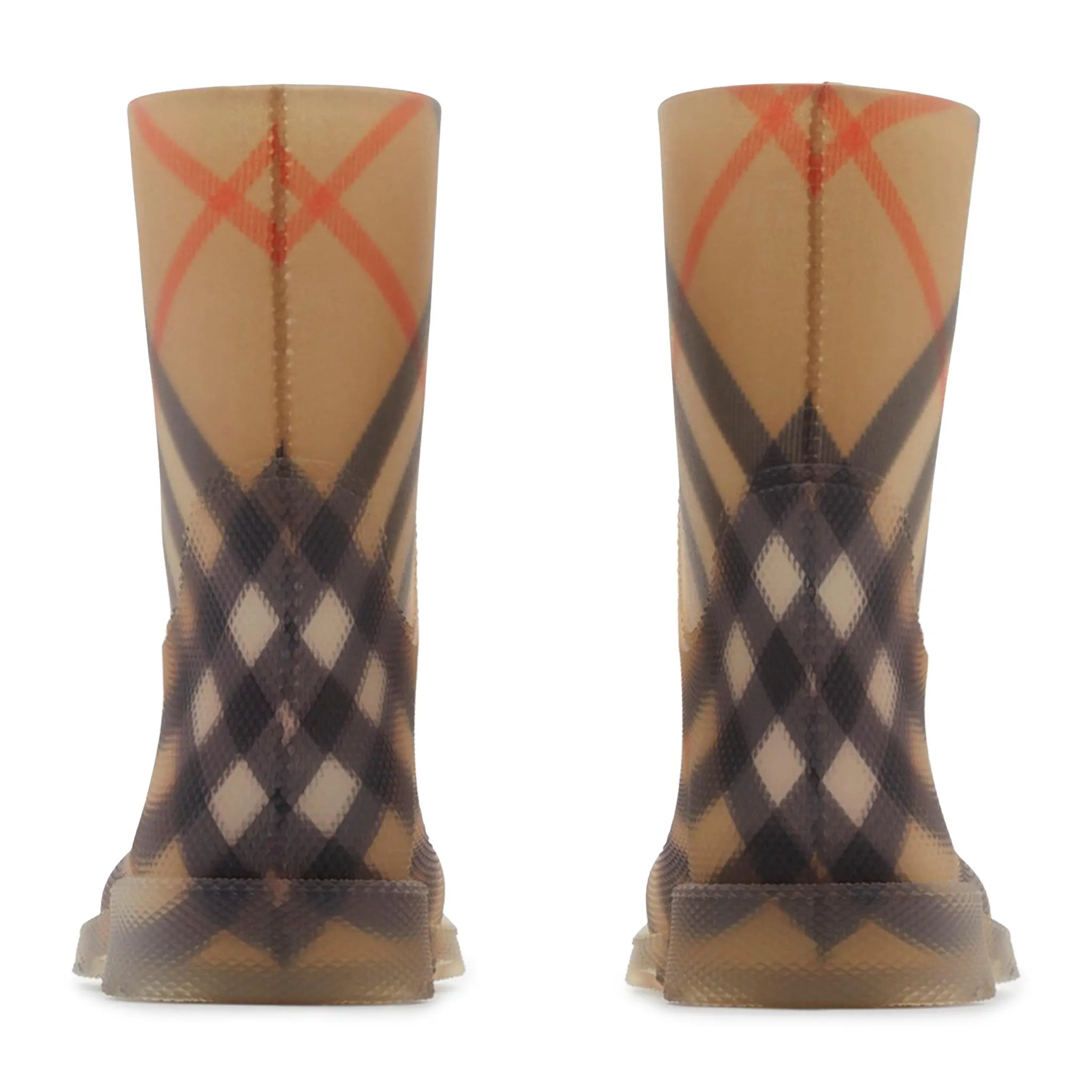 Back View of Burberry Kids Check Rubber Marsh Beige High Boots BURA5074107249