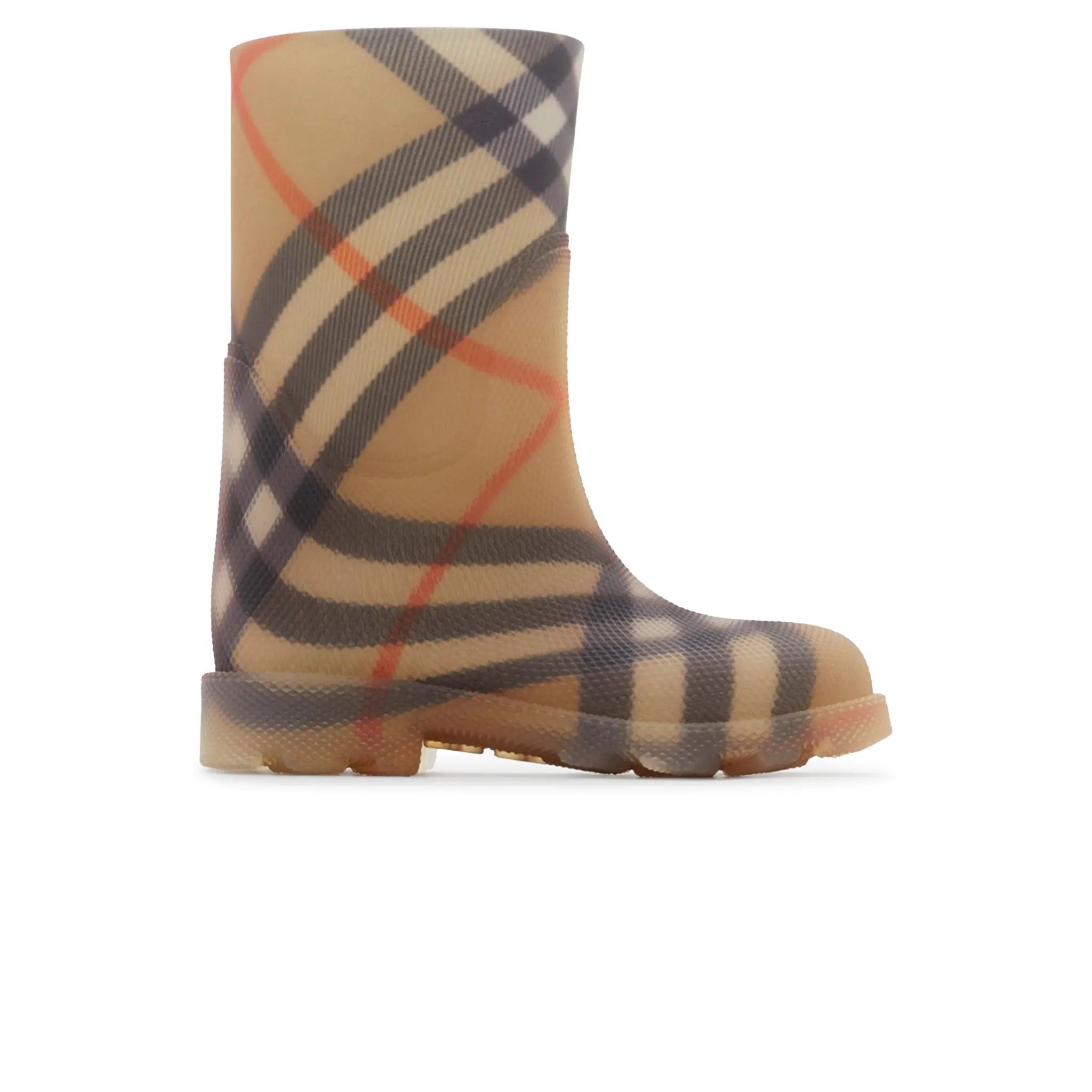 Side View of Burberry Kids Check Rubber Marsh Beige High Boots BURA5074107249