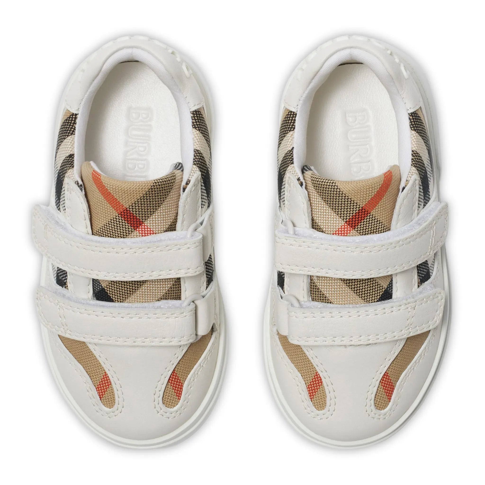 Upper View of Burberry Kids Cotton and Leather Noah Strap White Trainers BURA4116135247