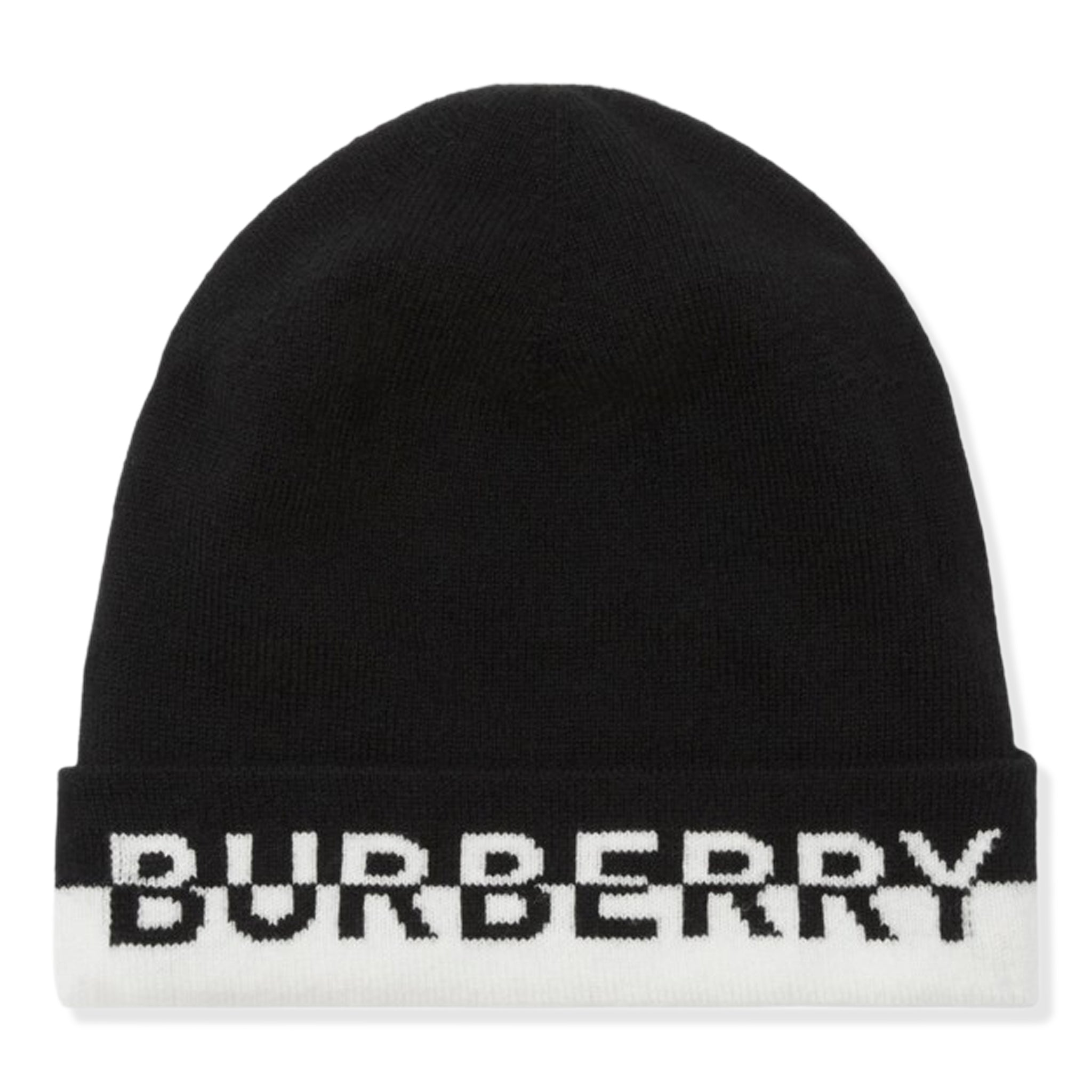Front view of Burberry Logo Intarsia Cashmere Black White Beanie 80580541