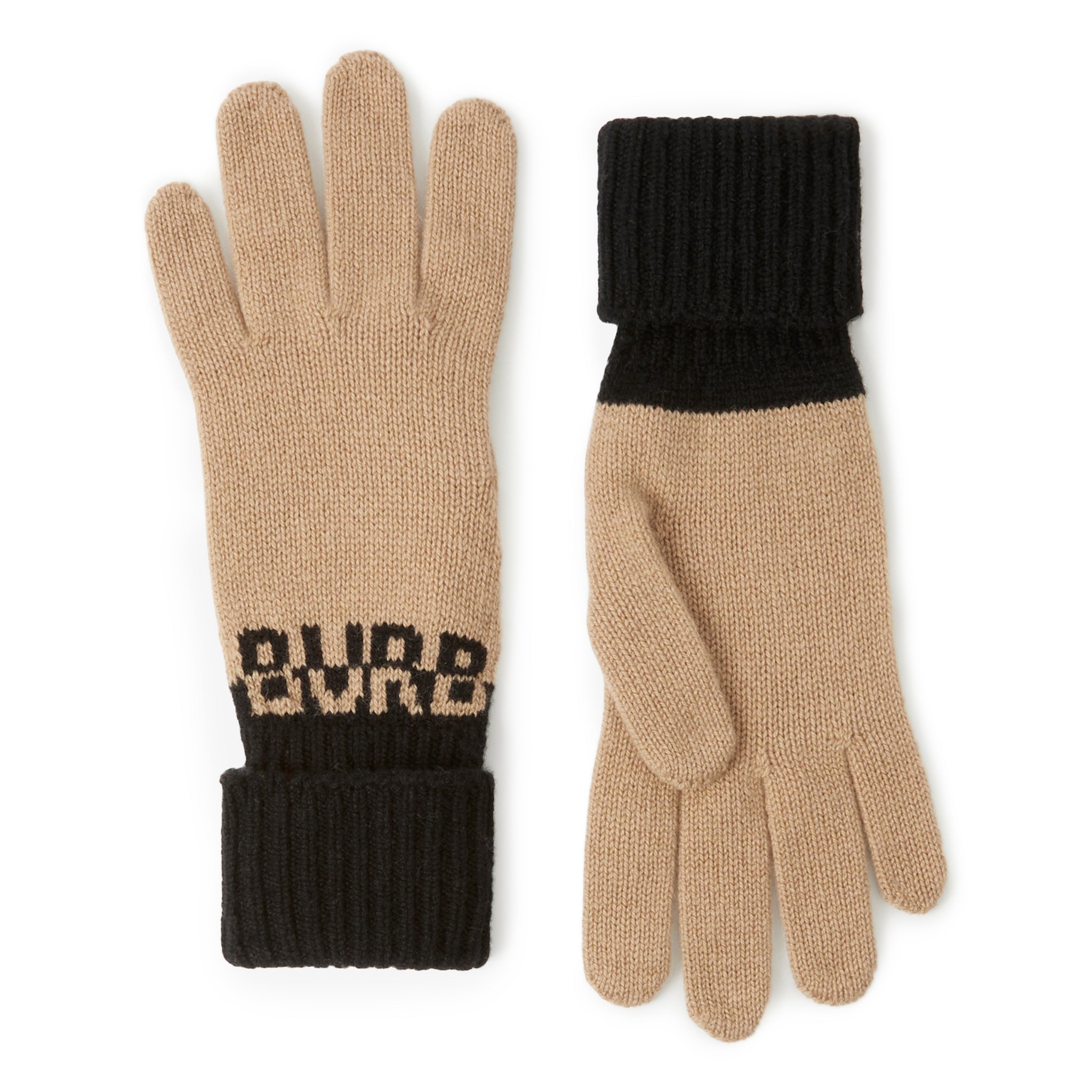 Front Back view of Burberry Logo Intarsia Two-Tone Cashmere Beige Black Gloves 80601071