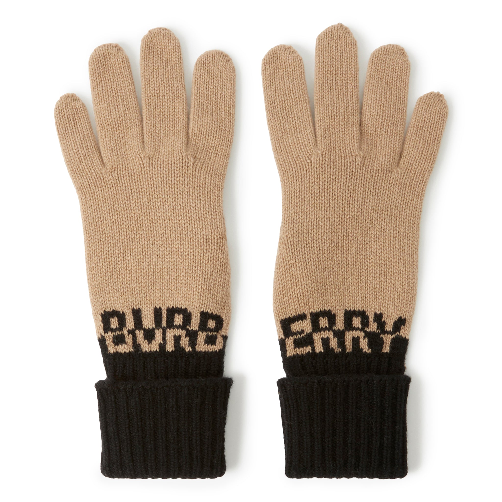 Front view of Burberry Logo Intarsia Two-Tone Cashmere Beige Black Gloves 80601071