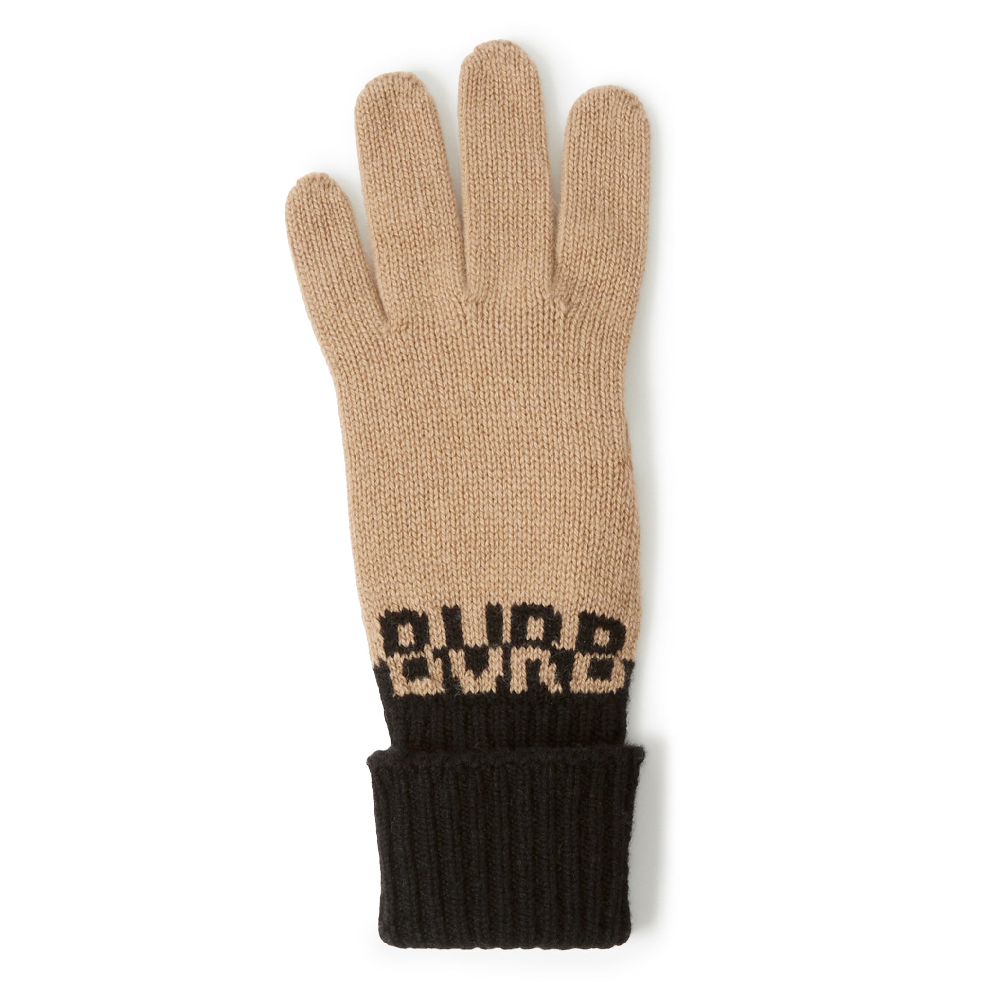 Single view of Burberry Logo Intarsia Two-Tone Cashmere Beige Black Gloves 80601071