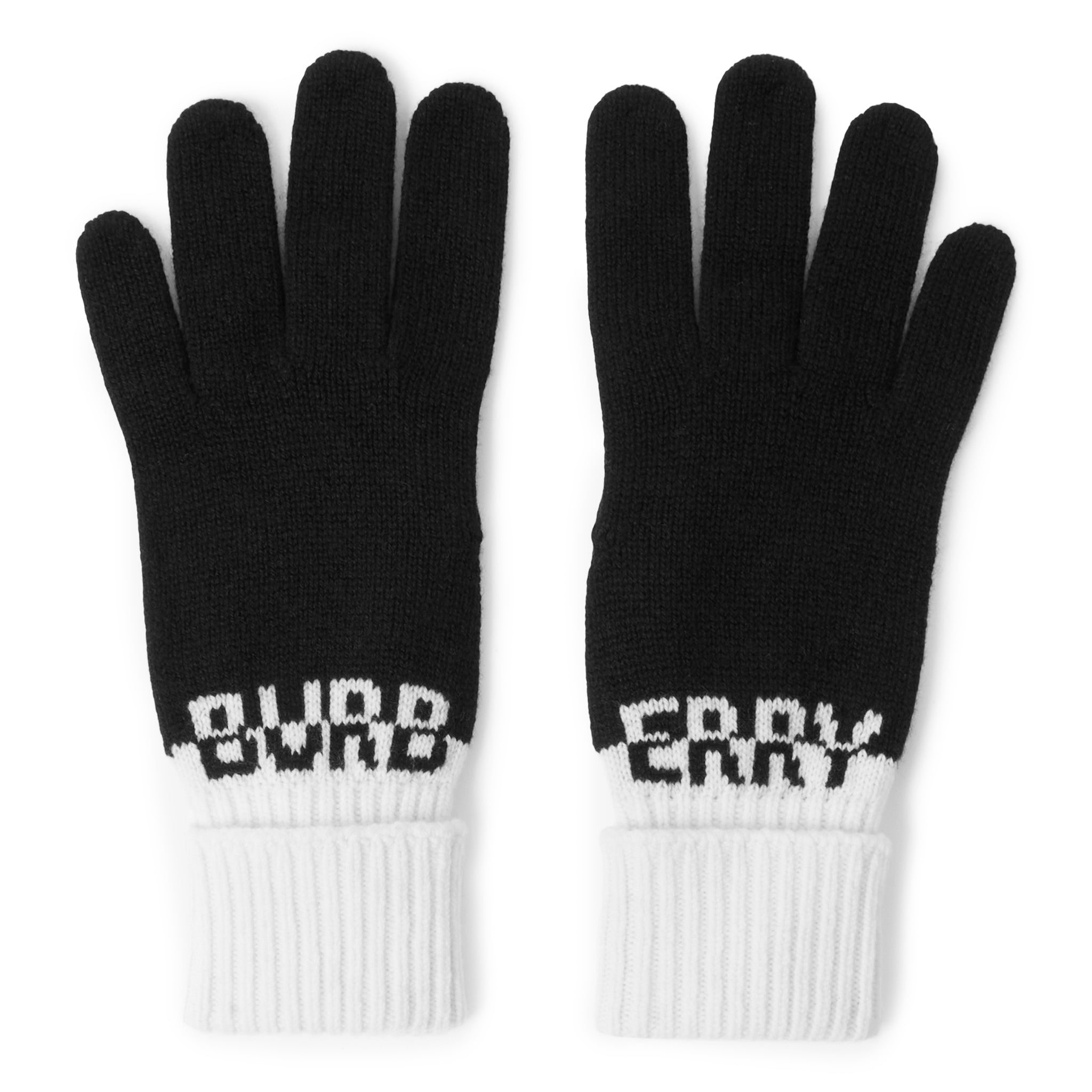 Front view of Burberry Logo Intarsia Two-Tone Cashmere Black White Gloves 80580591