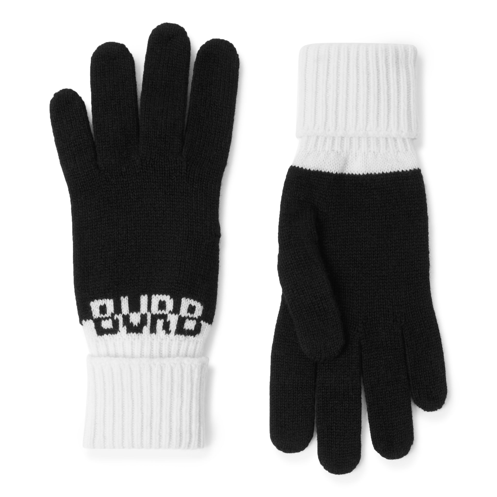 Front & Back view of Burberry Logo Intarsia Two-Tone Cashmere Black White Gloves 80580591